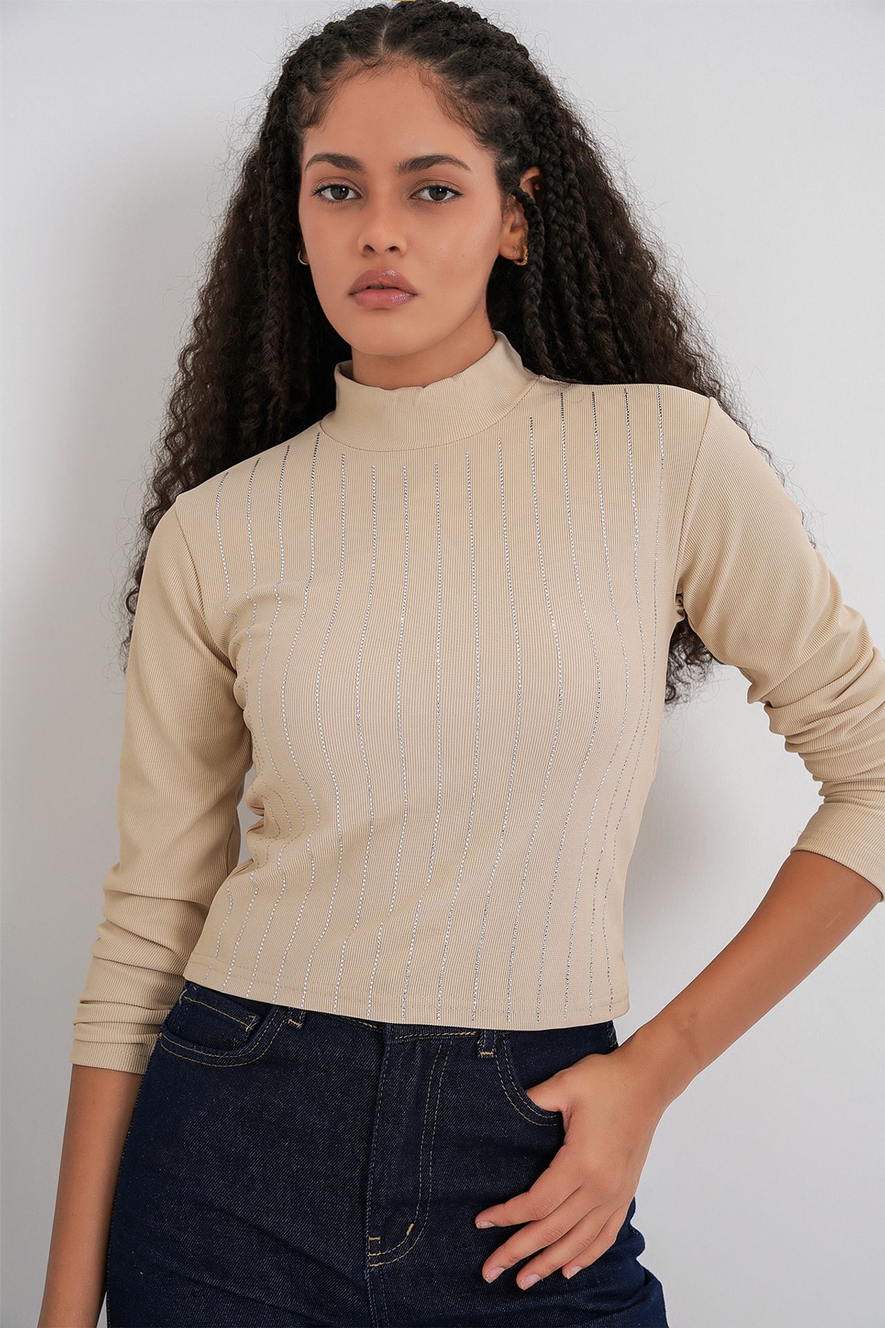 BDART Striped Half Turtleneck Long Sleeve Top with Stone Detail 4