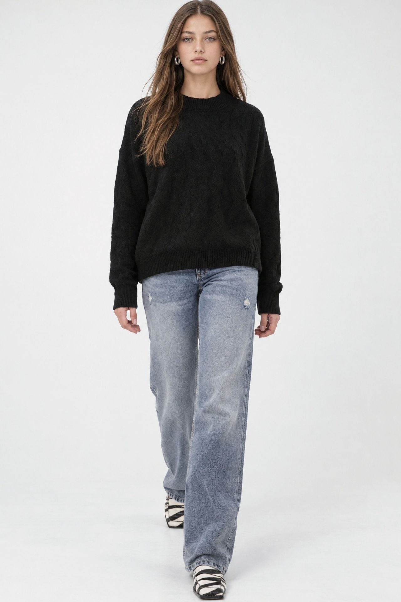 Mixray Ribbed Knitwear Pullover Sweater with Hair Braid Pattern 2