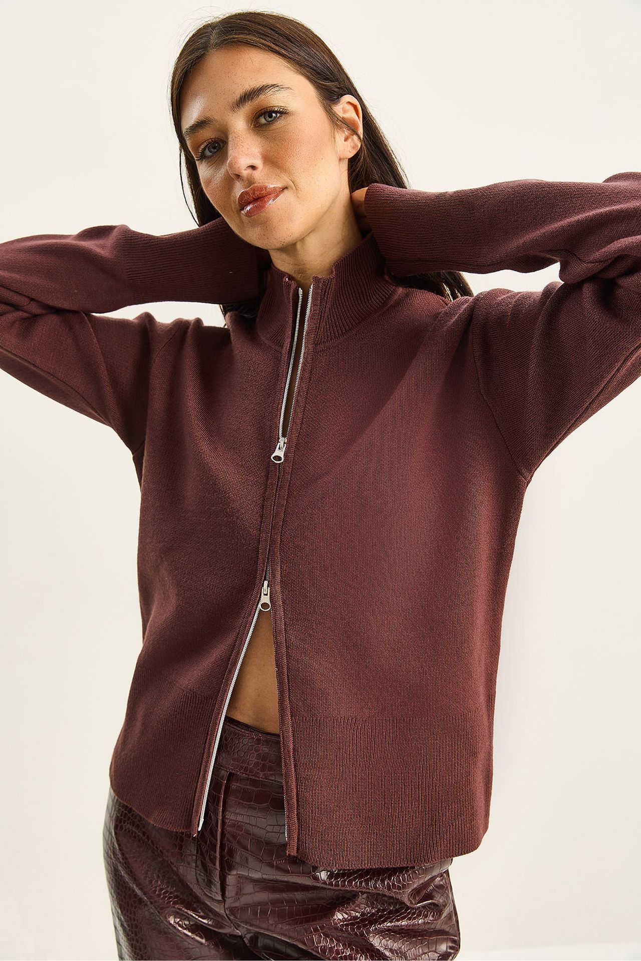 LUCCI Half Turtleneck Ribbed Knit Cardigan with Zipper 4