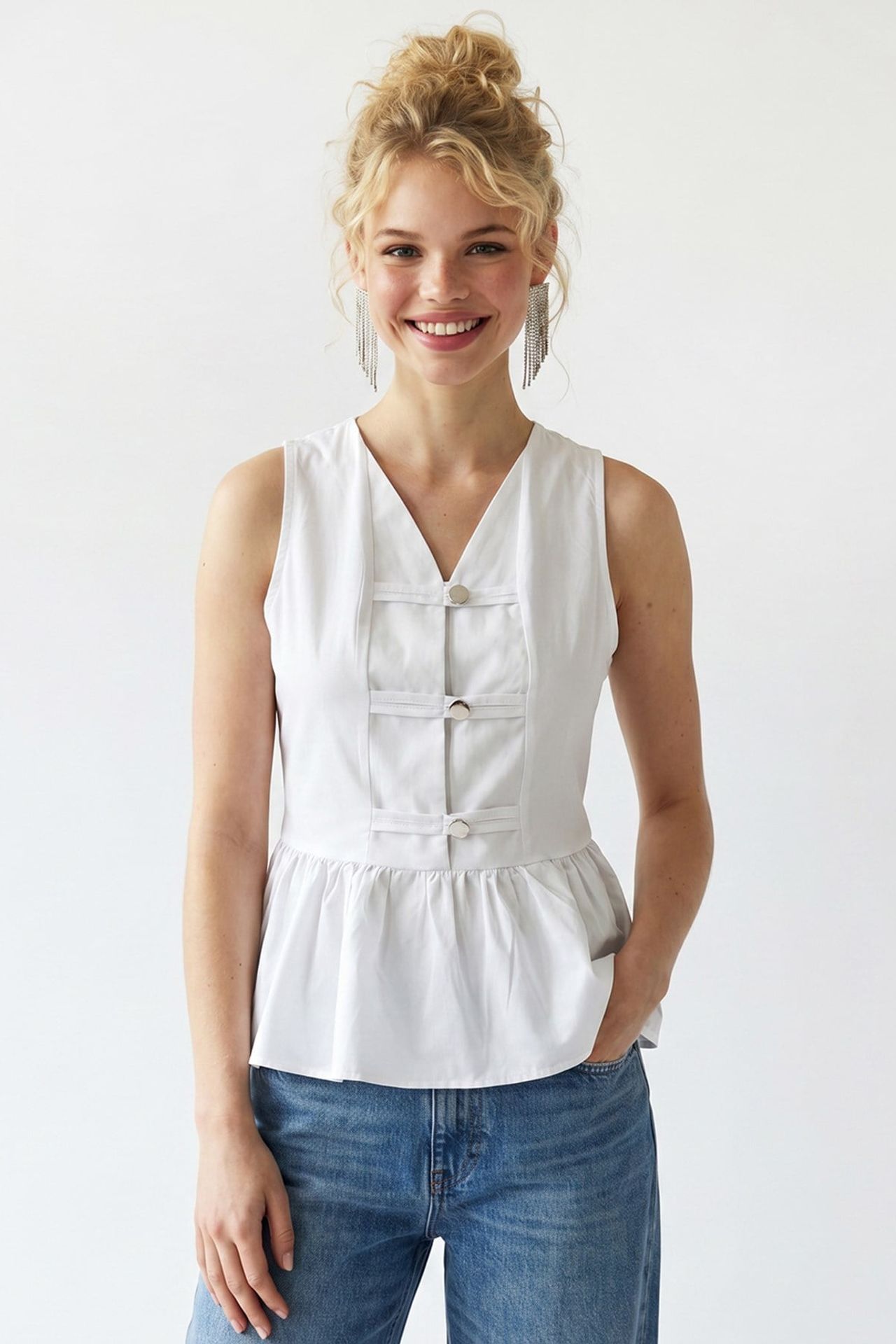 MIXRAY Kolsuz Poplin Peplum Bluz 1