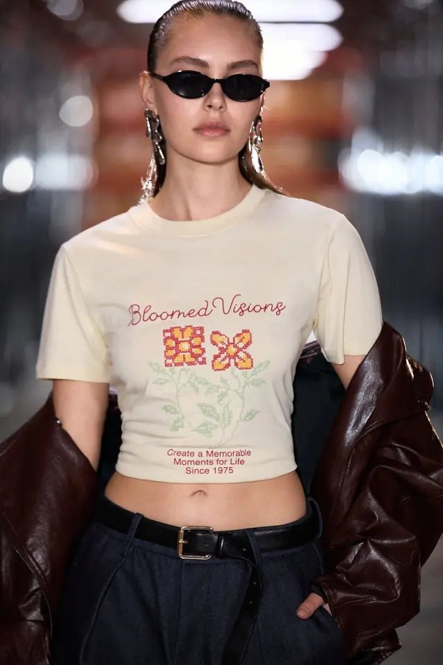 GRIMELANGE Embroidered Crew Neck Crop Top