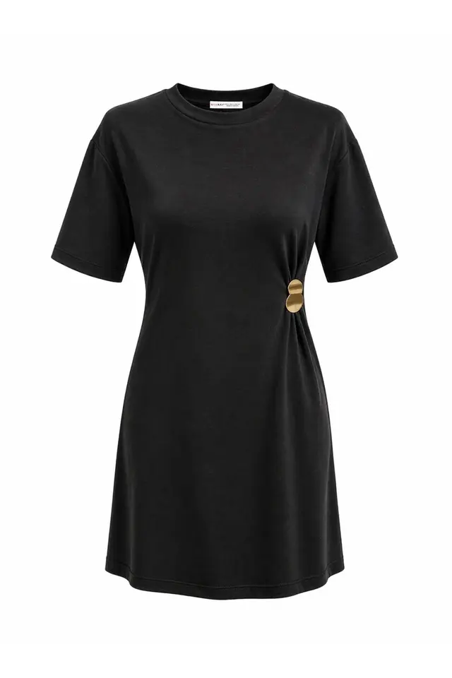 MIXRAY Crew Neck Mini T-Shirt Dress with Stone Accessory