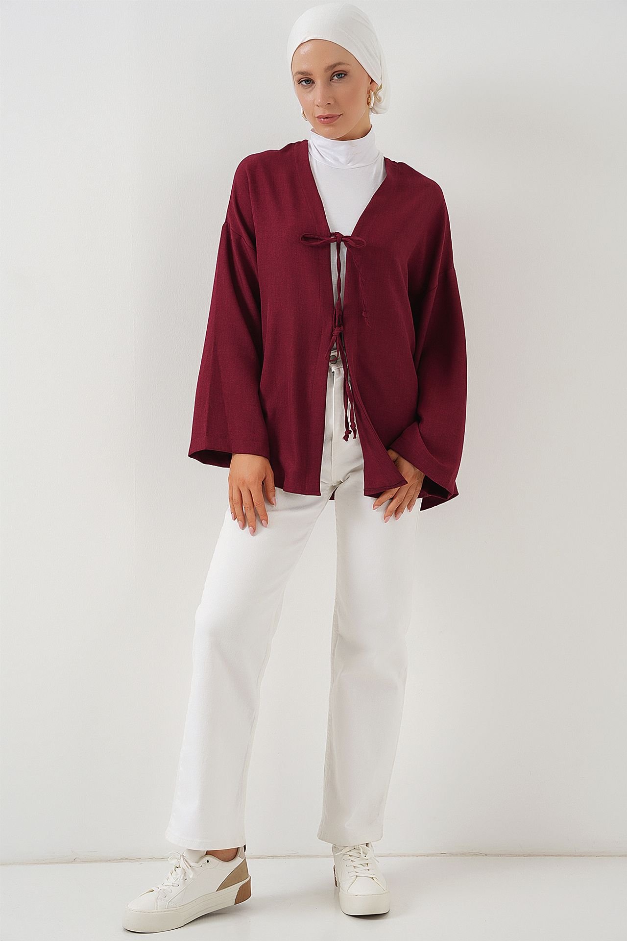 HiCCUP - Burgundy Red Bdart Linen Blend Long Sleeve Kimono With Binding ...