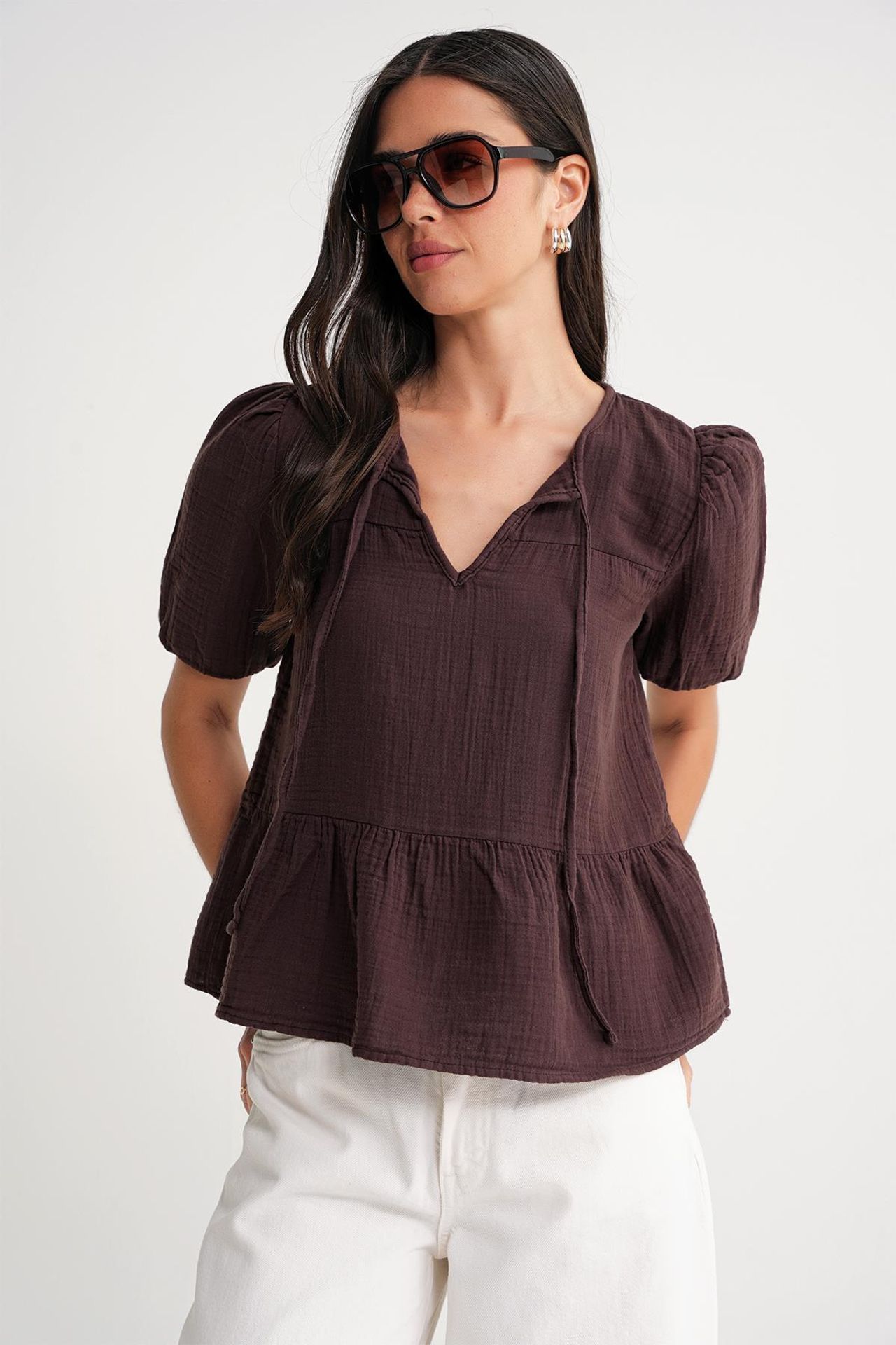 Mixray Textured Muslin Crew Neck Blouse with Binding Detail 3