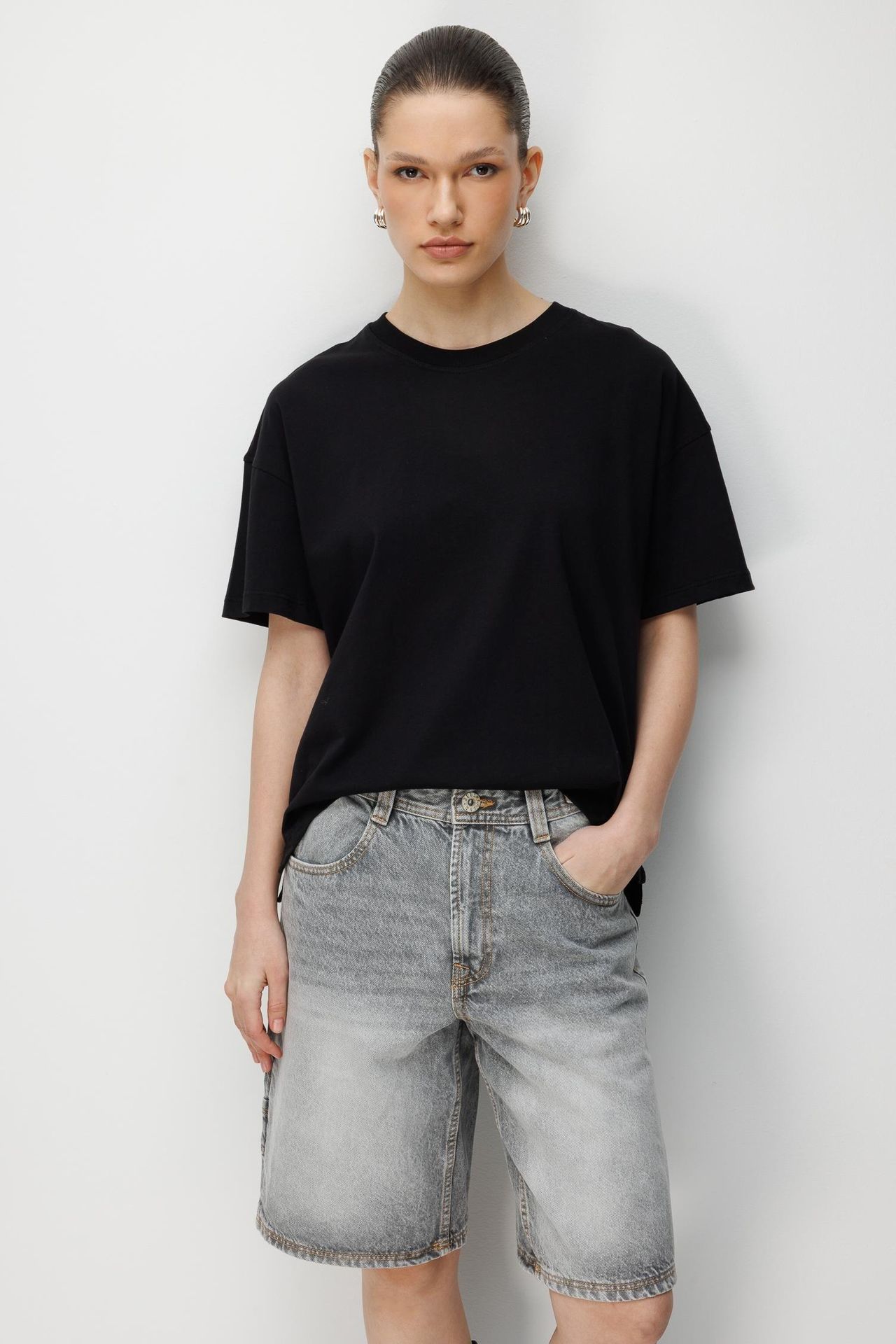 MIXRAY Oversized Ribbed Crew Neck Two-Piece T-Shirt Set 3