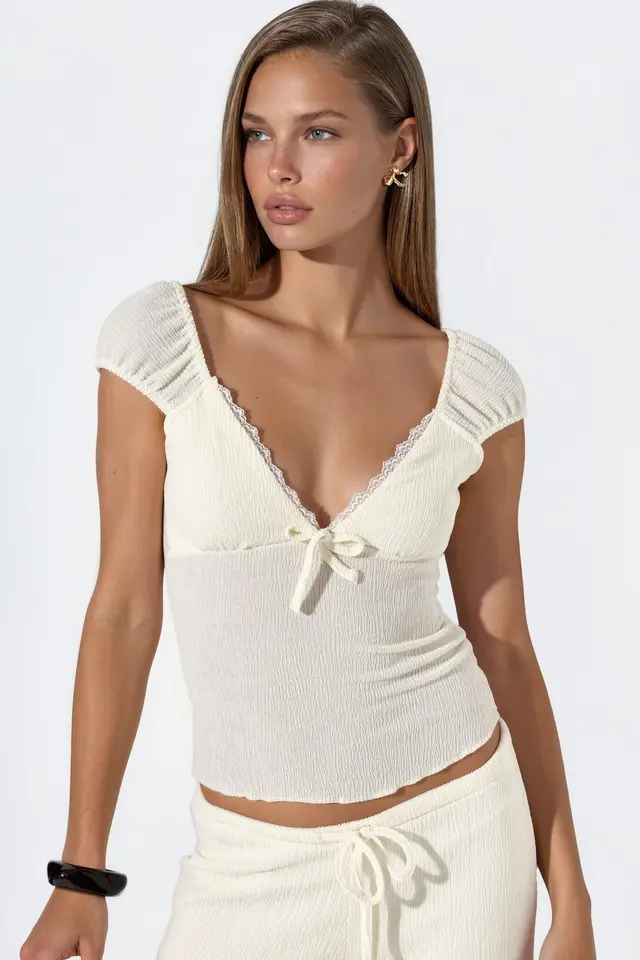 BUSEM Fitted Ribbed Crop Blouse With Tie Detail