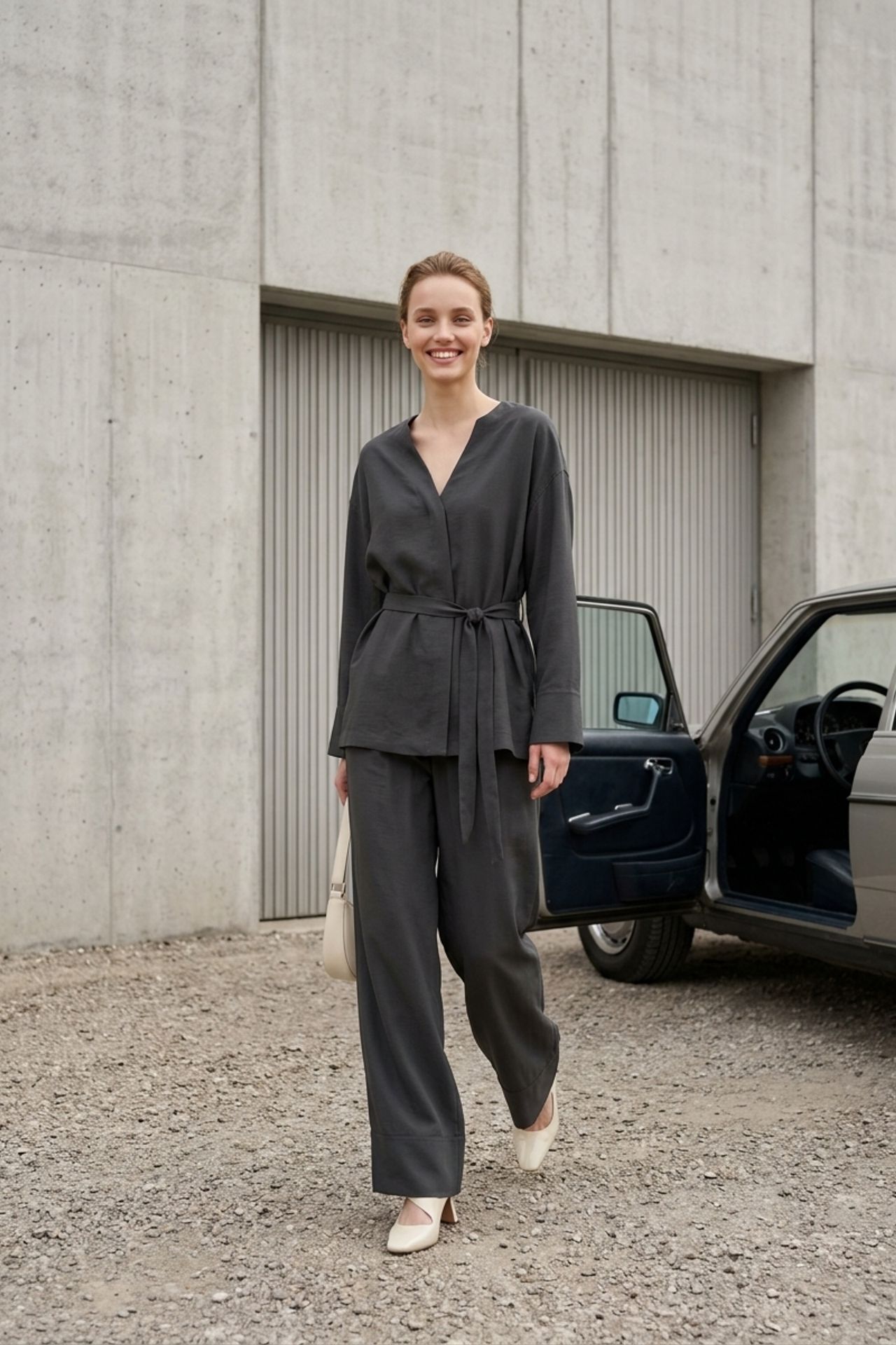 MY FASHION Belted V-neck Long Sleeve Two-Piece Set
