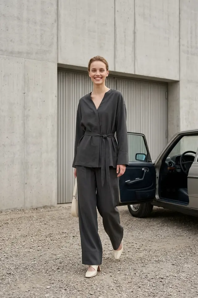 MY FASHION Belted V-neck Long Sleeve Two-Piece Set