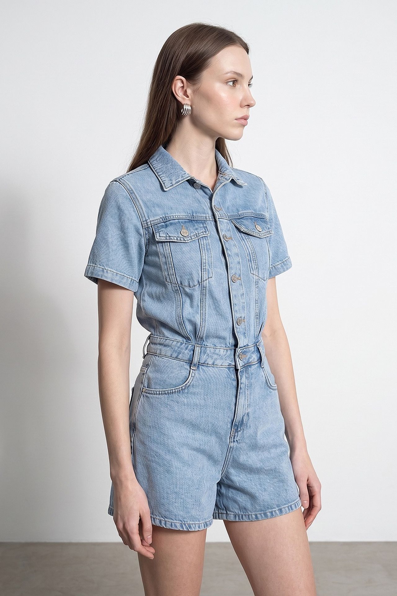 DILVIN Denim Dungaree Shorts With Shirt Collar 3