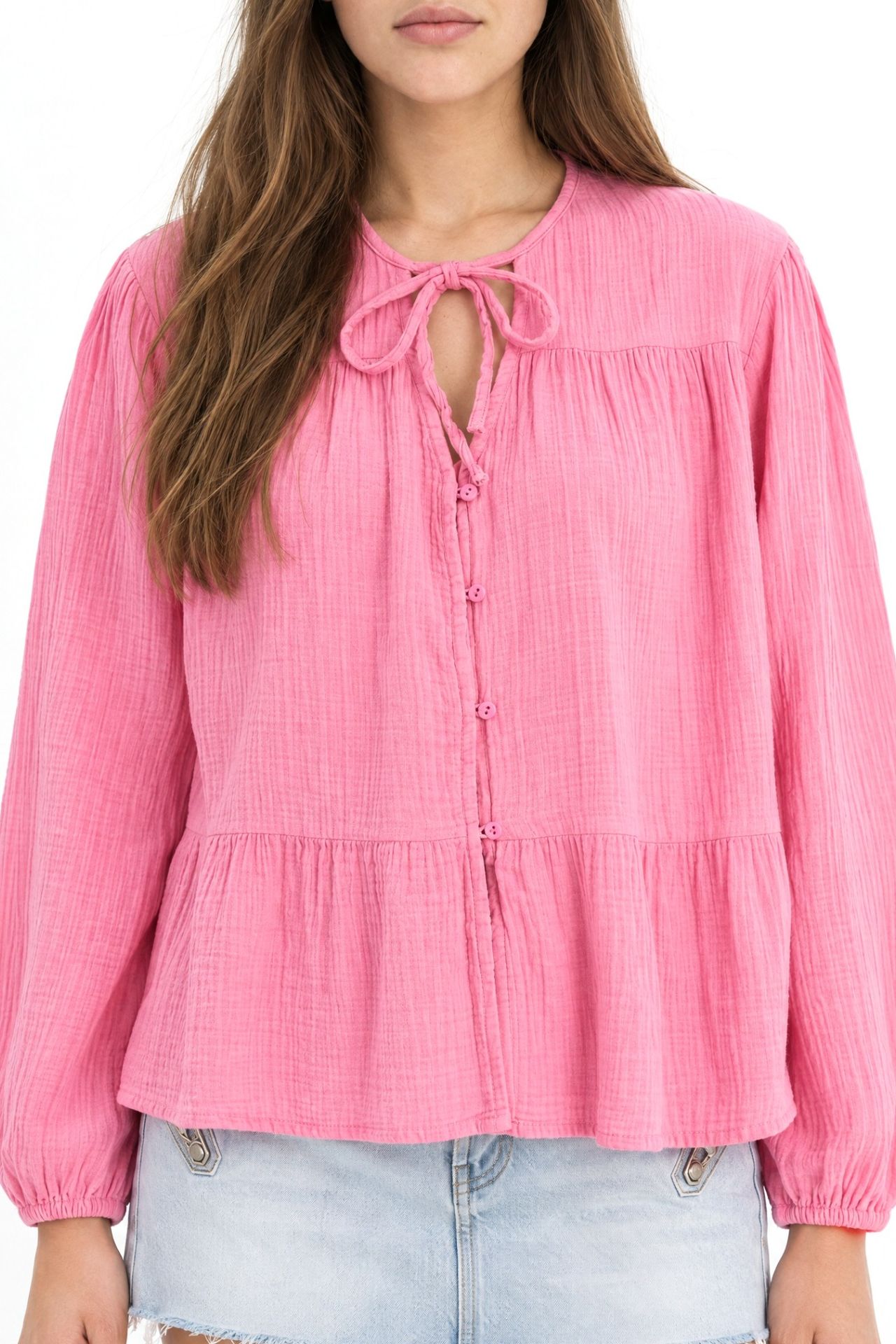 Mixray Long Sleeve Relaxed Fit Blouse with Tie-Neck 4