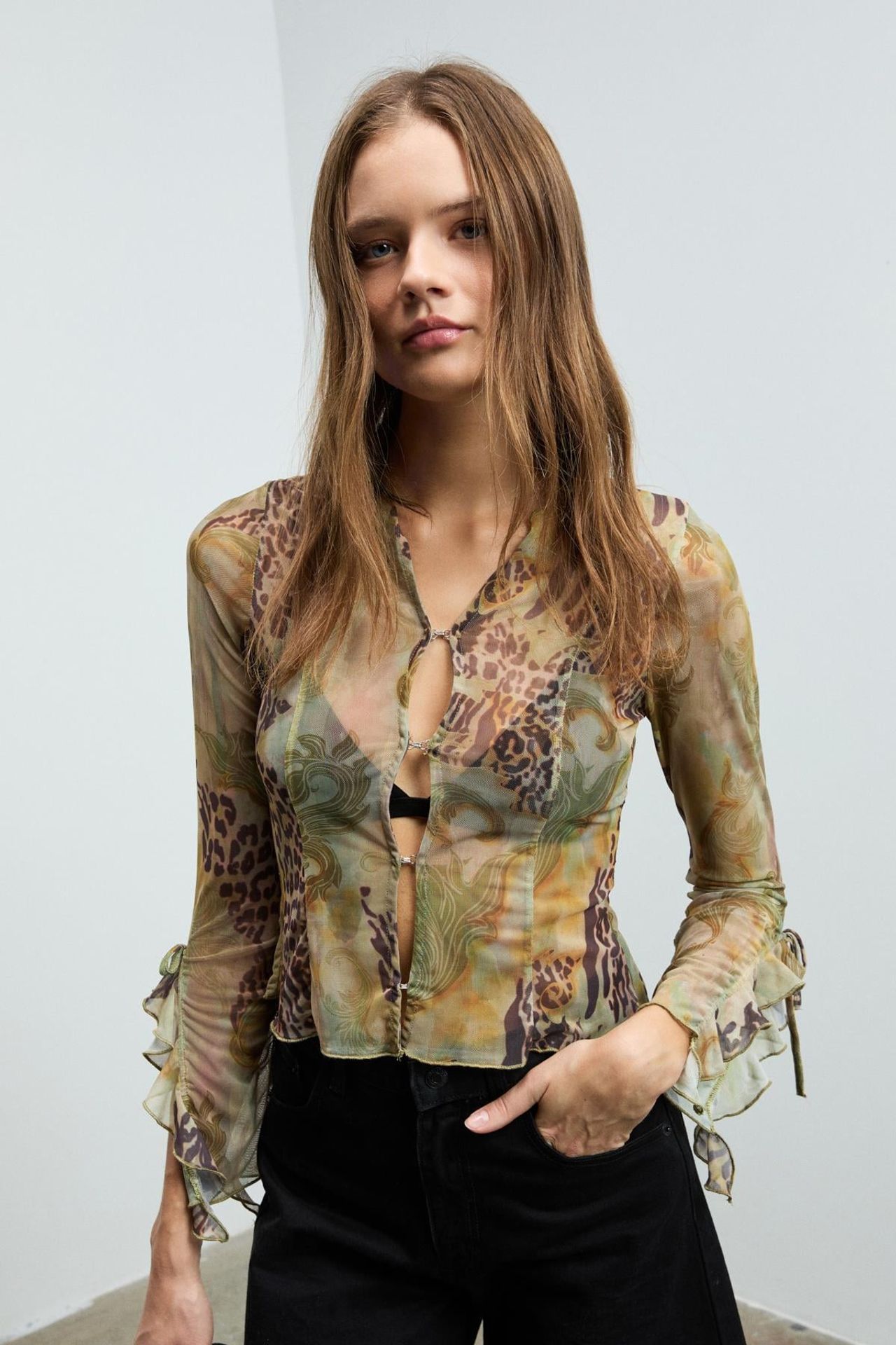 GRIMELANGE Printed V-Neck Frilly Blouse 1