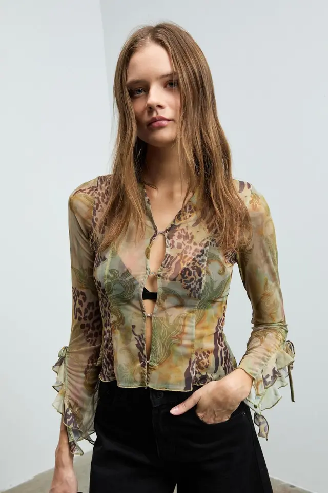 GRIMELANGE Printed V-Neck Frilly Blouse