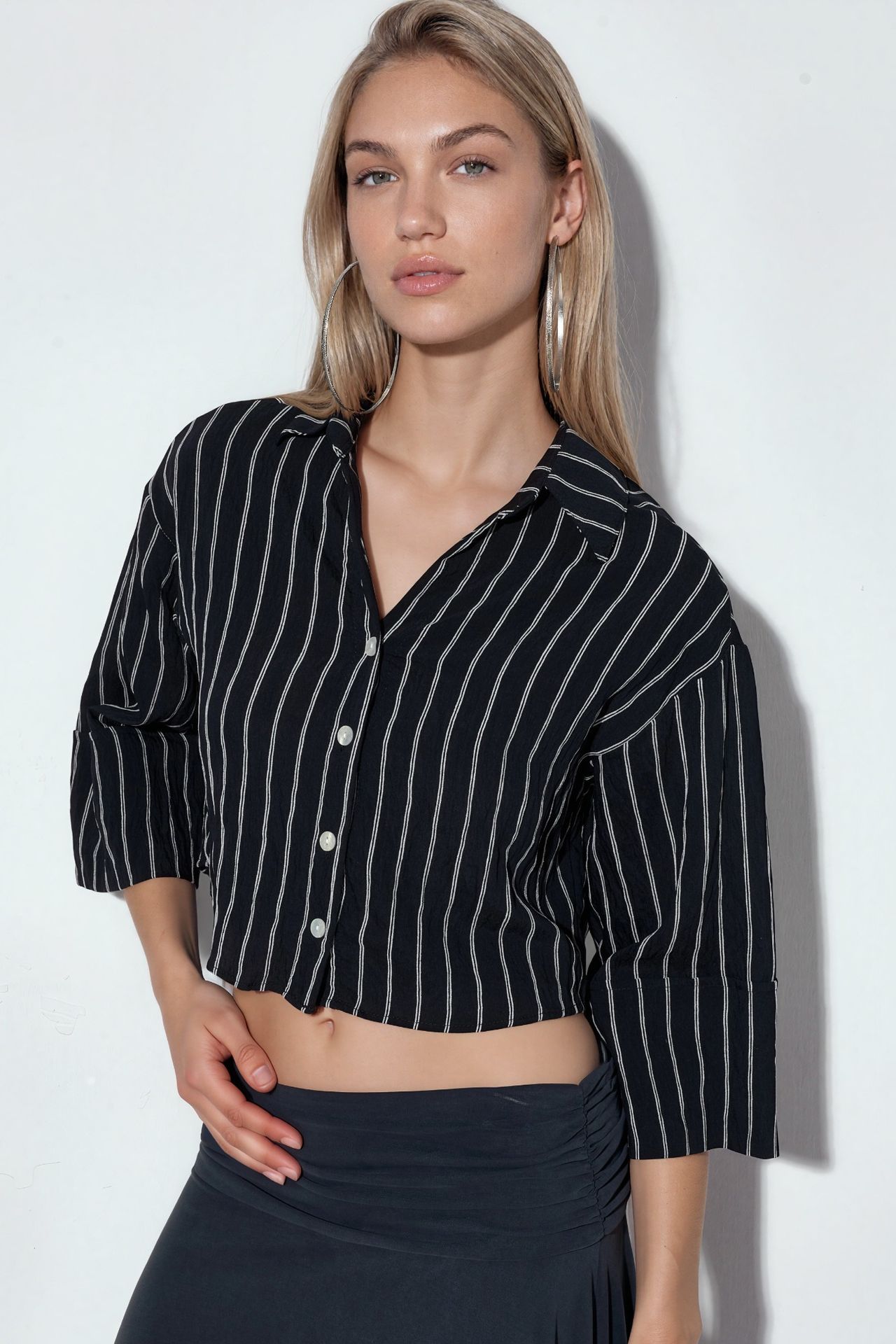 BDART Oversized Striped Cropped Shirt with Button Closure 1