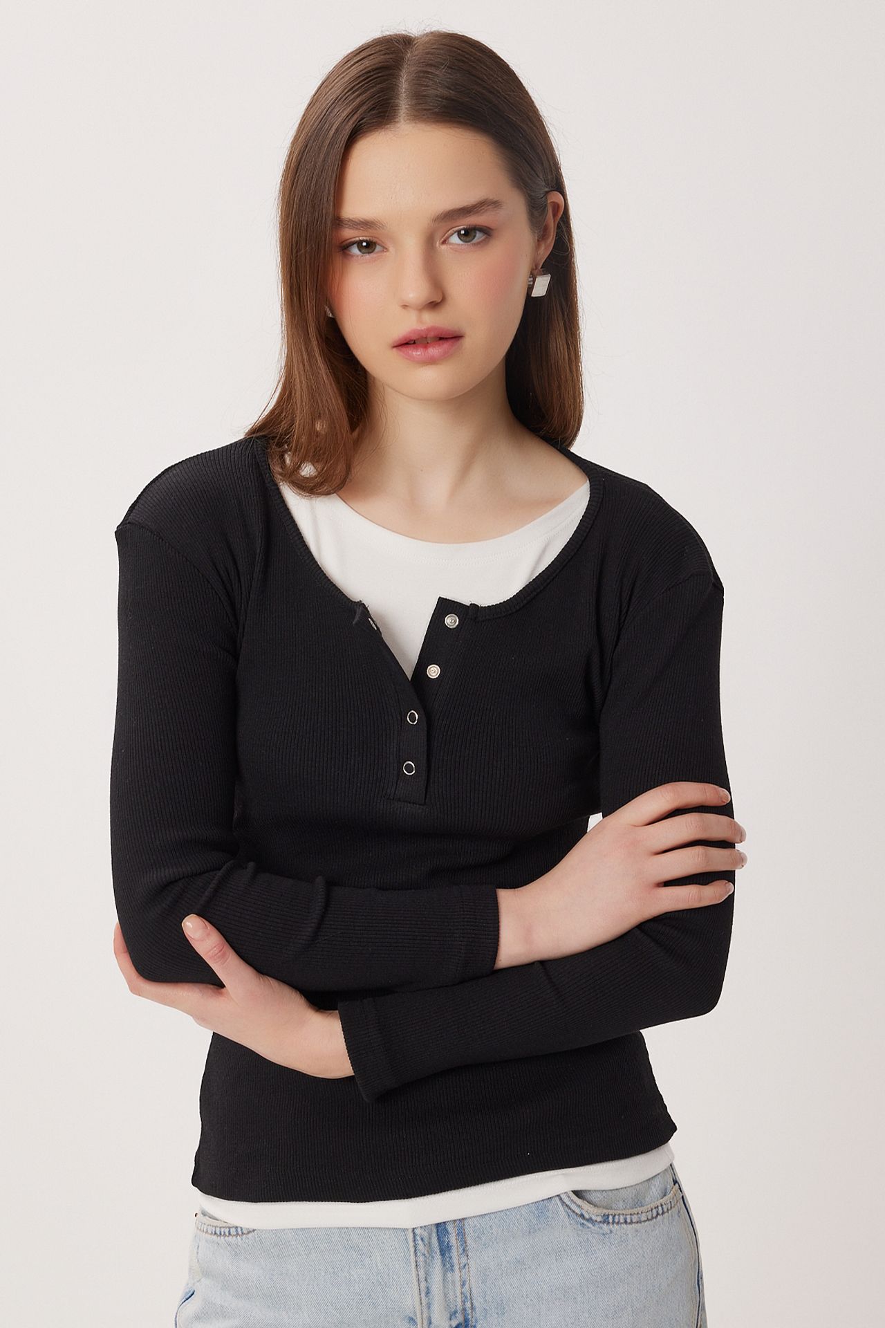 ISTANBUL Slim Fit Ribbed Button-Up Long Sleeve Blouse 2