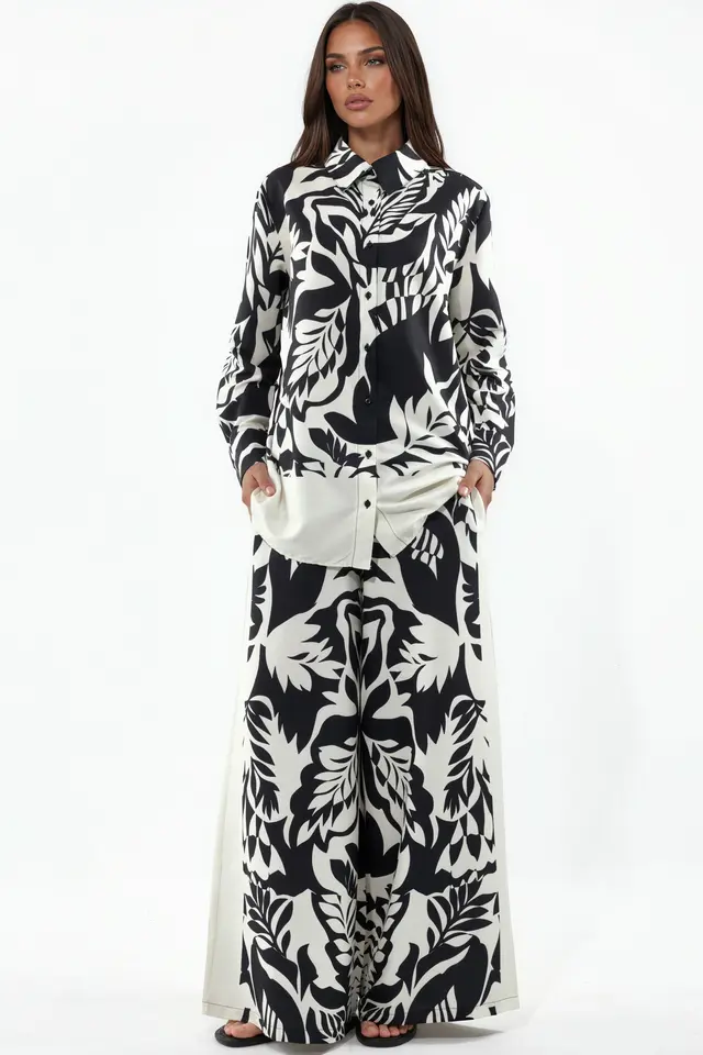 MSN Floral Cotton-Viscose Shirt And Wide-Leg Pants Set