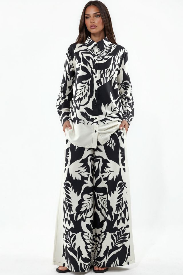 MSN Floral Cotton-Viscose Shirt And Wide-Leg Pants Set