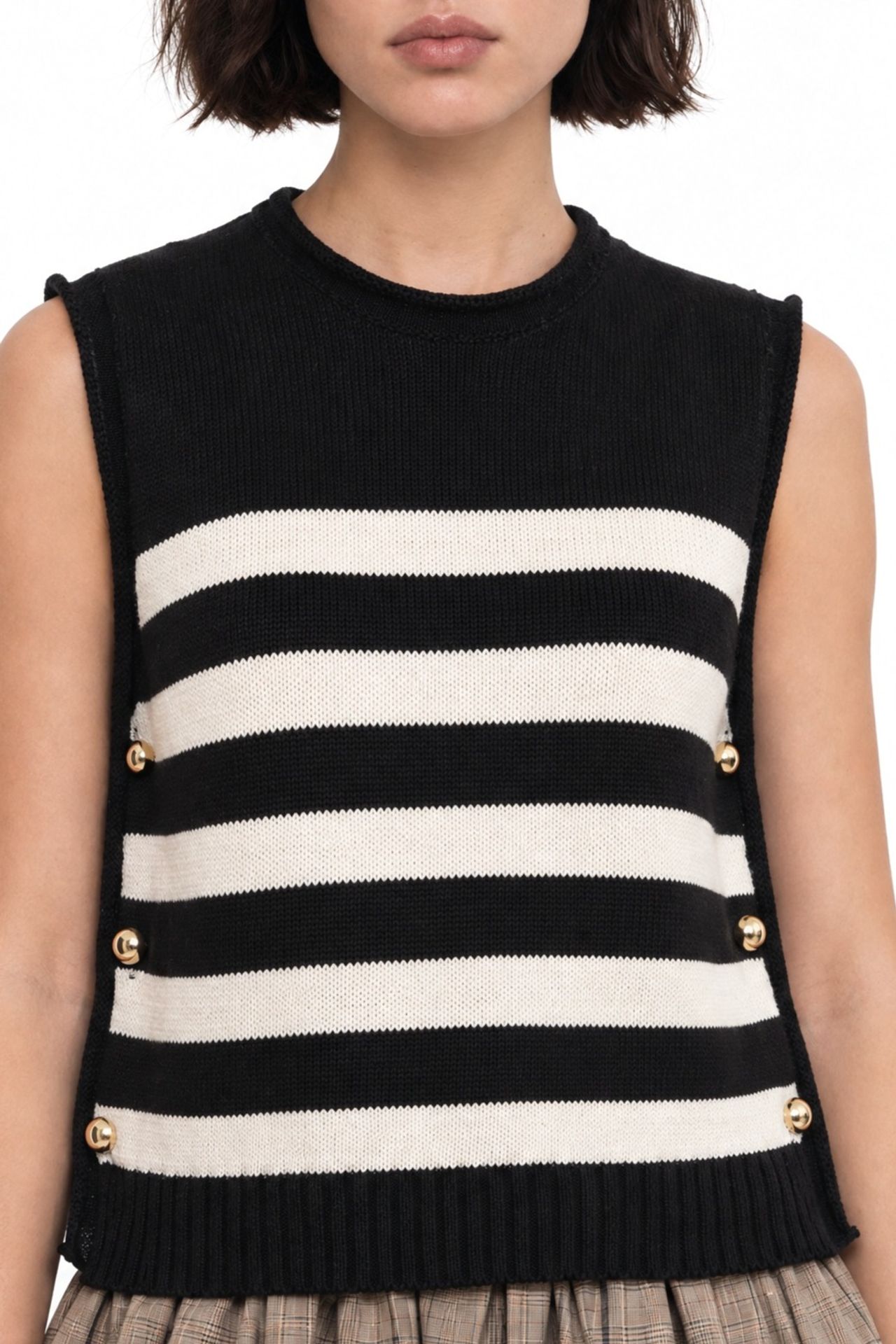 MIXRAY Striped Knit Top with Button Detail 4