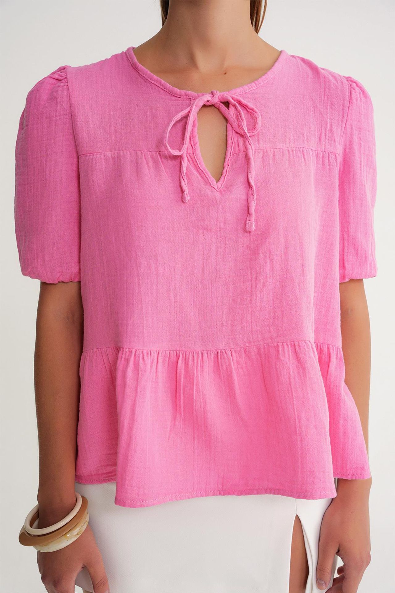 Mixray Textured Muslin Crew Neck Blouse with Binding Detail 4