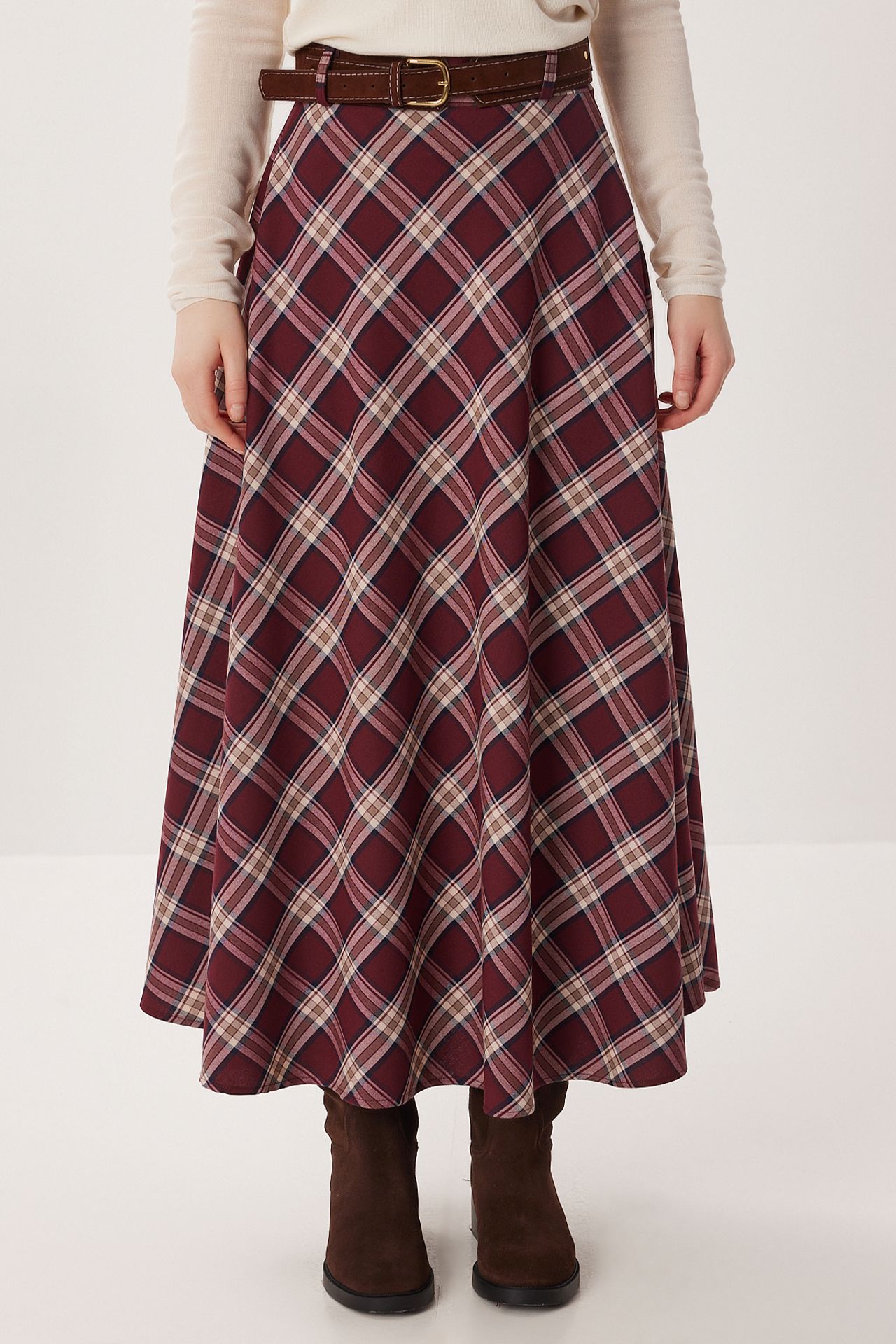 ISTANBUL High-Waist Plaid Midi A-Line Skirt 4