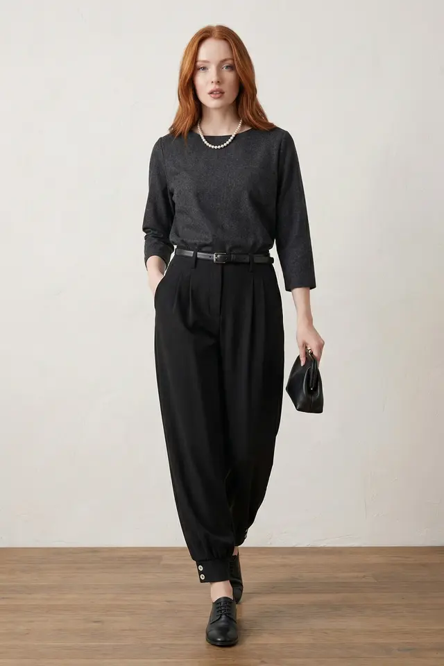 MY FASHION Belted Buttoned Leg Tailored Trousers