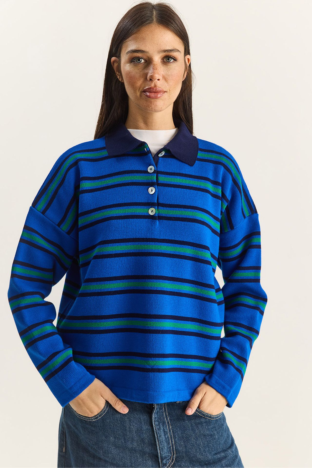 LUCCI Striped Polo Collar Button Sweater 1