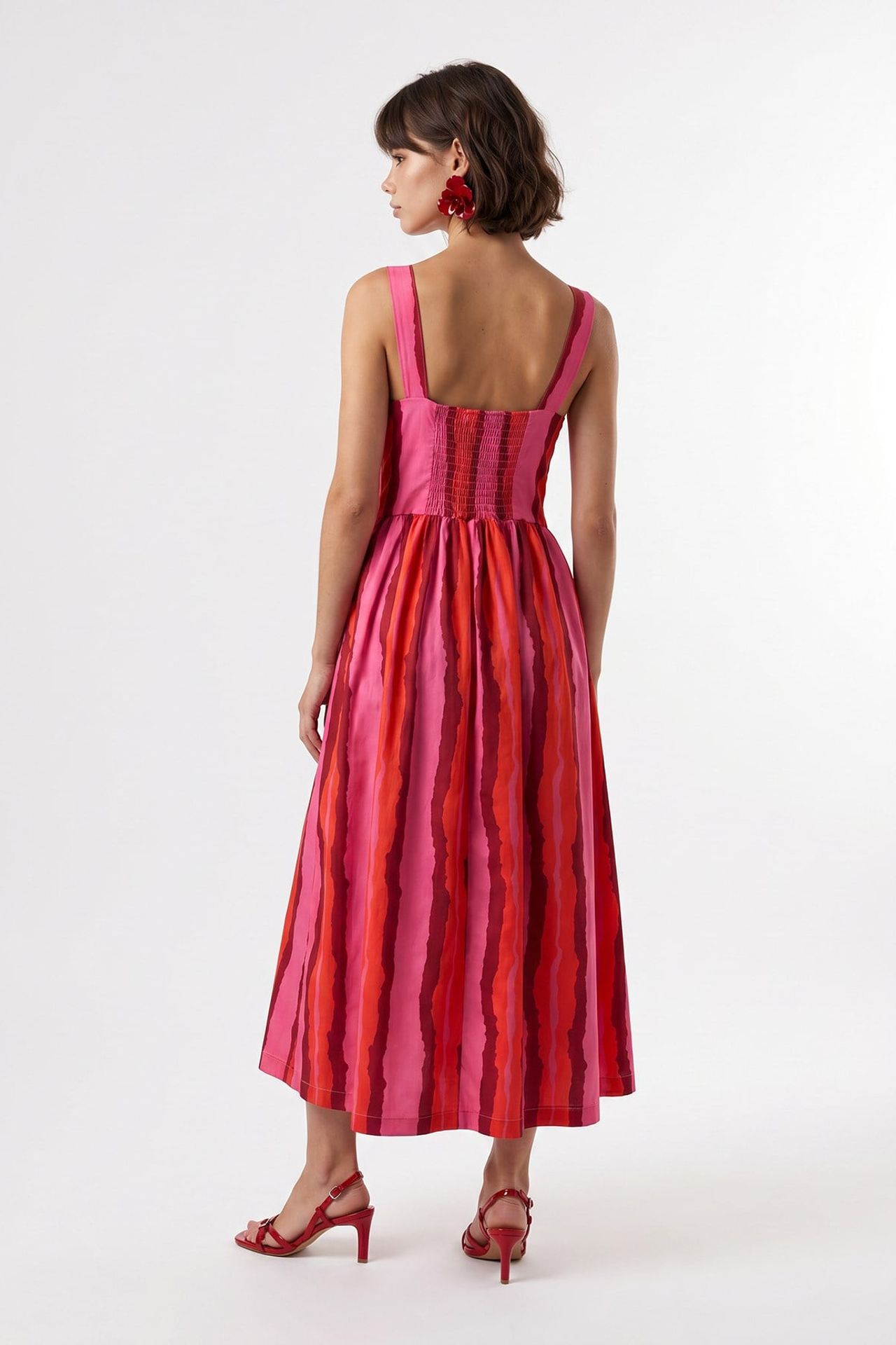 MIXRAY Striped A-line Midi Dress With Tie Detail 4