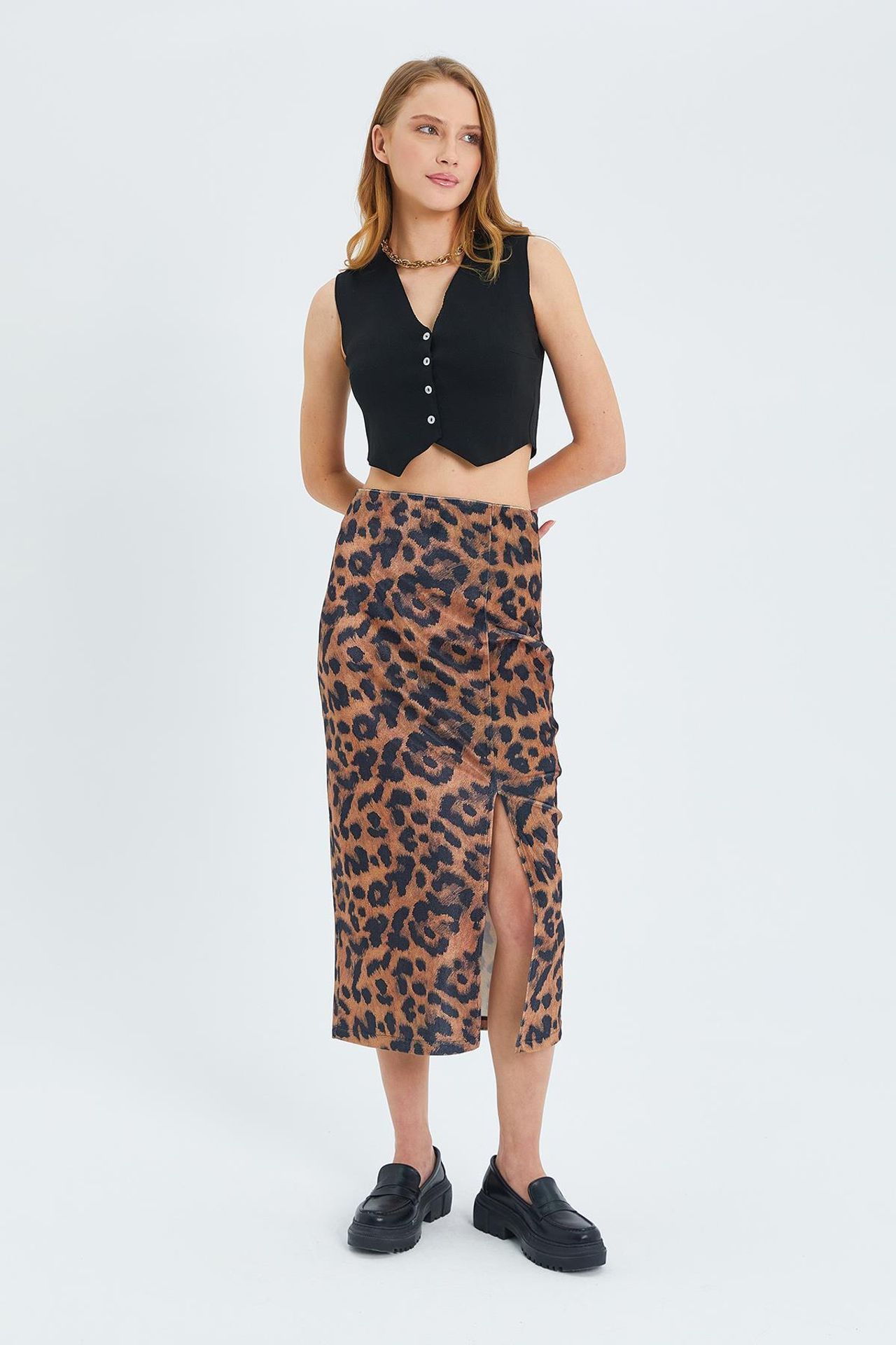 Mixray Leopard Print High Waist Midi Skirt with Slit 3