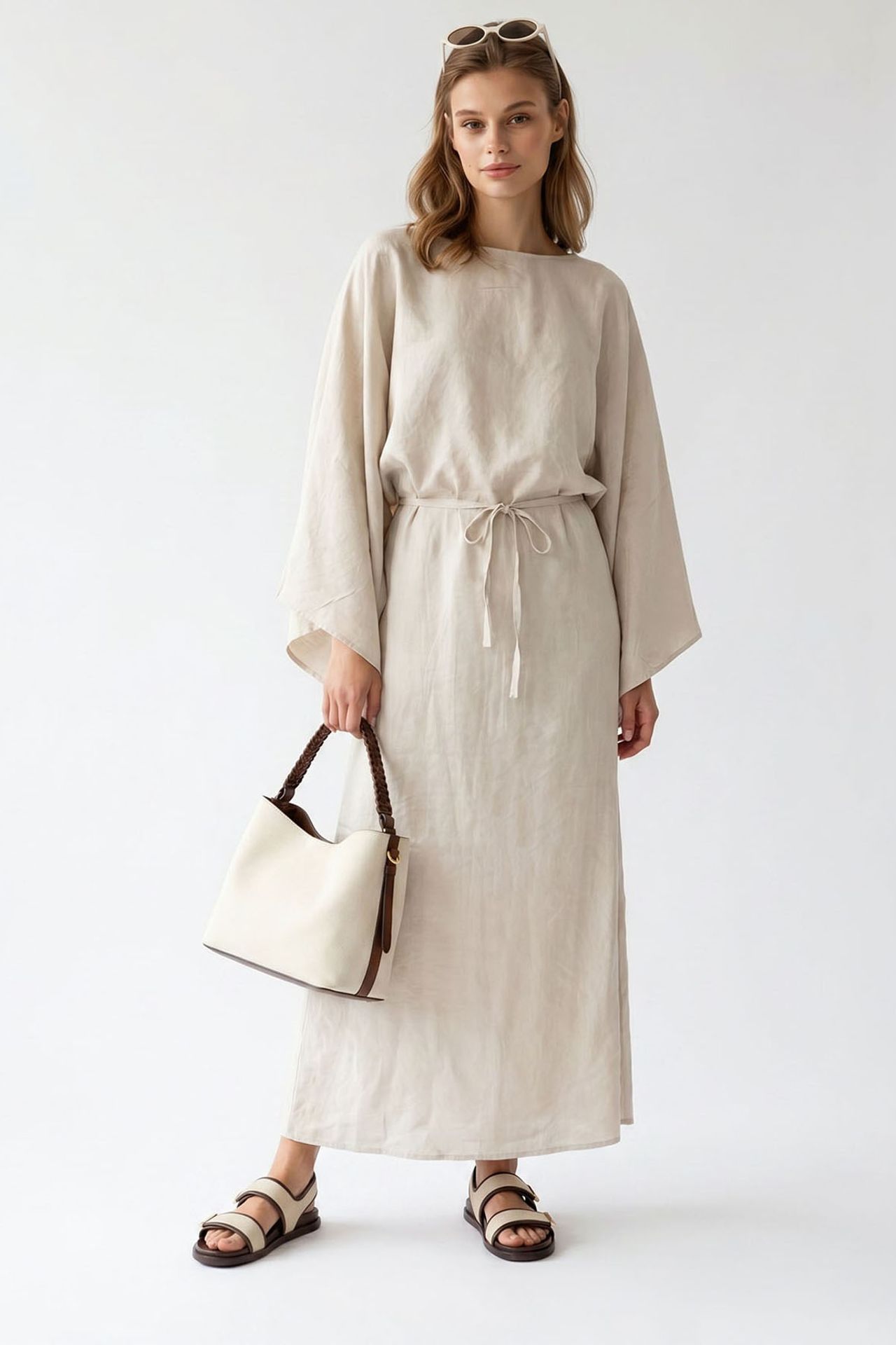 MIXRAY Women's Solid Textured Maxi Dress With Tie Detail 4