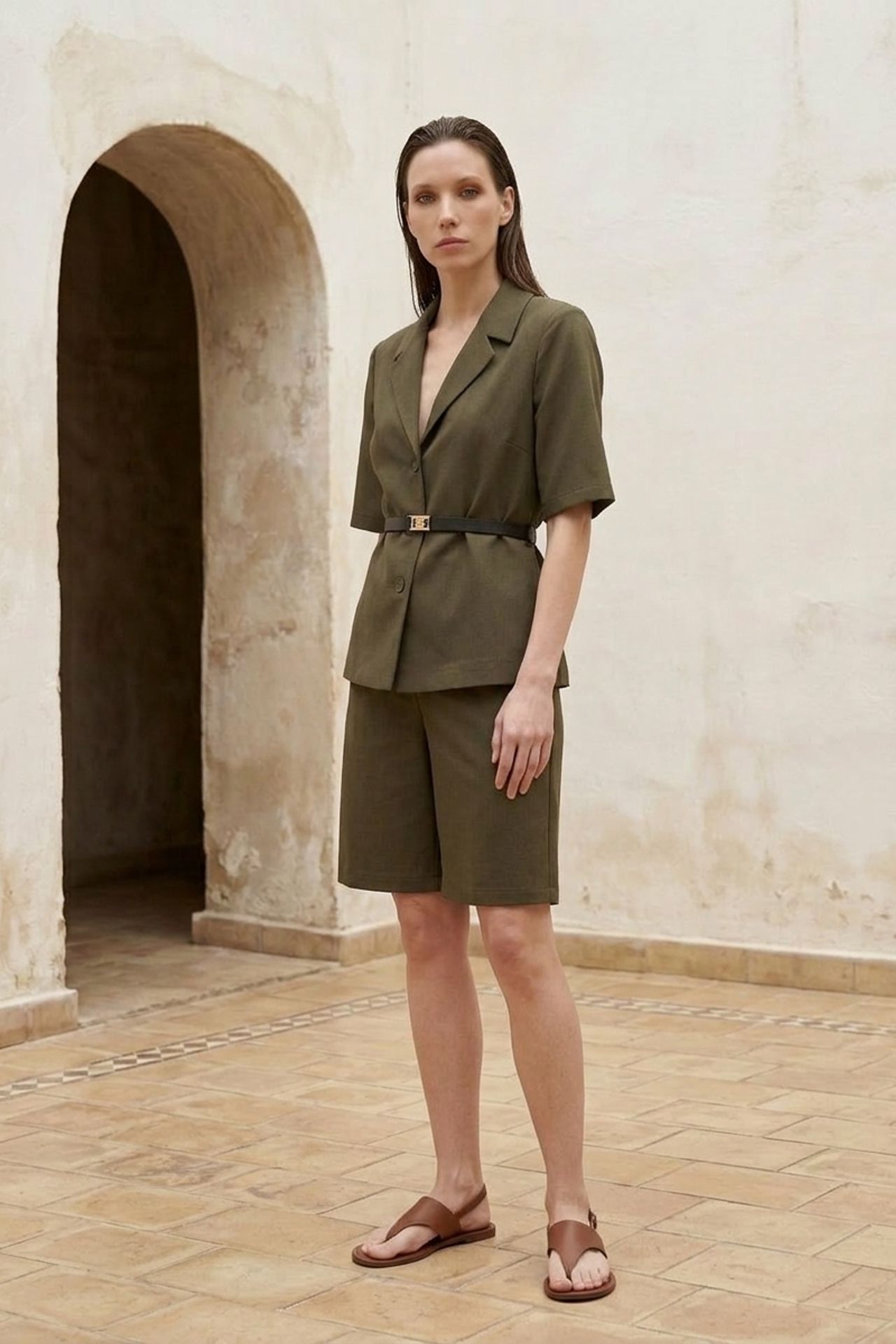 MY FASHION Belted Short Jacket and Wide-Leg Trousers Set 5
