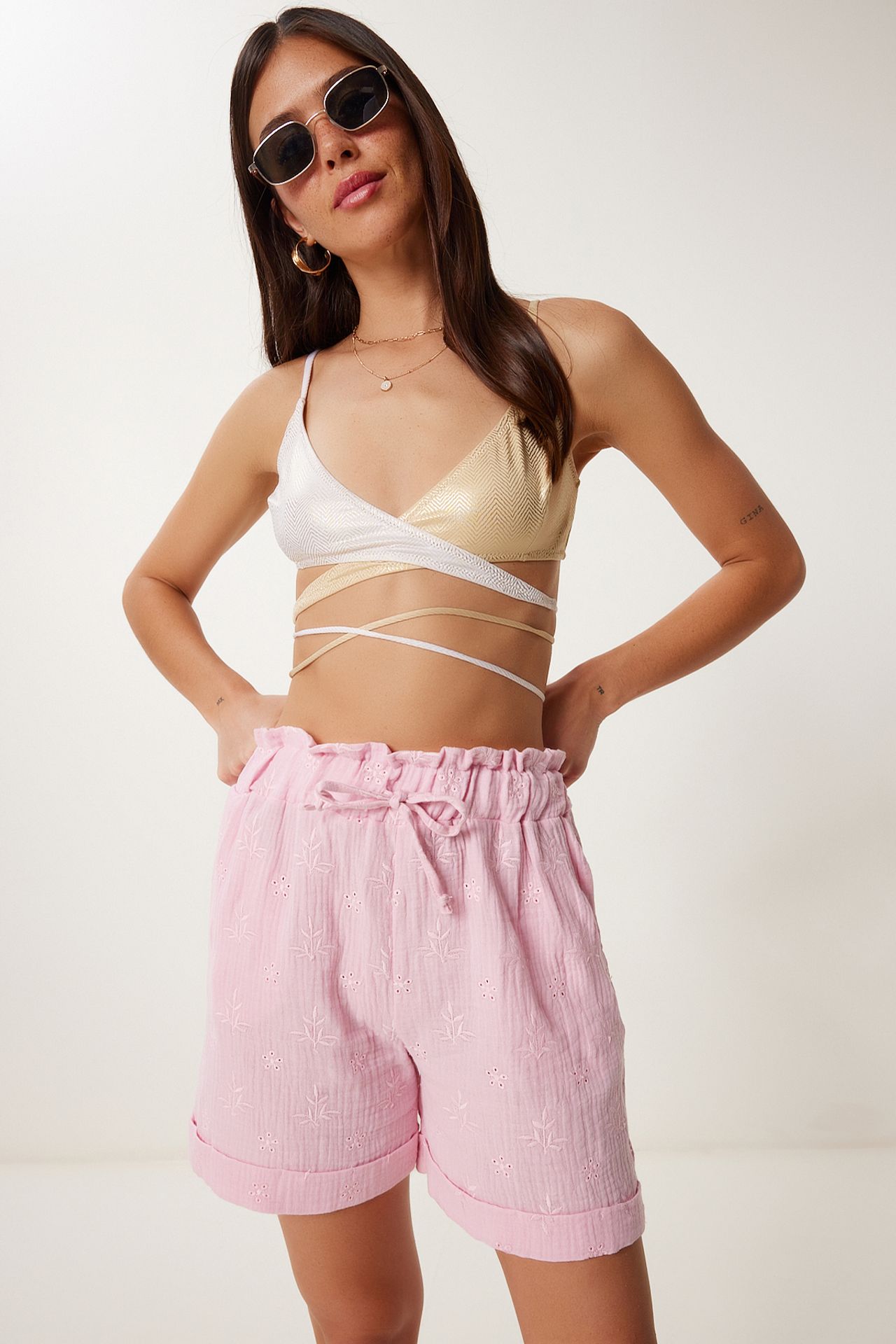 ISTANBUL High Waist Drawstring Mini Shorts with Binding Detail 1