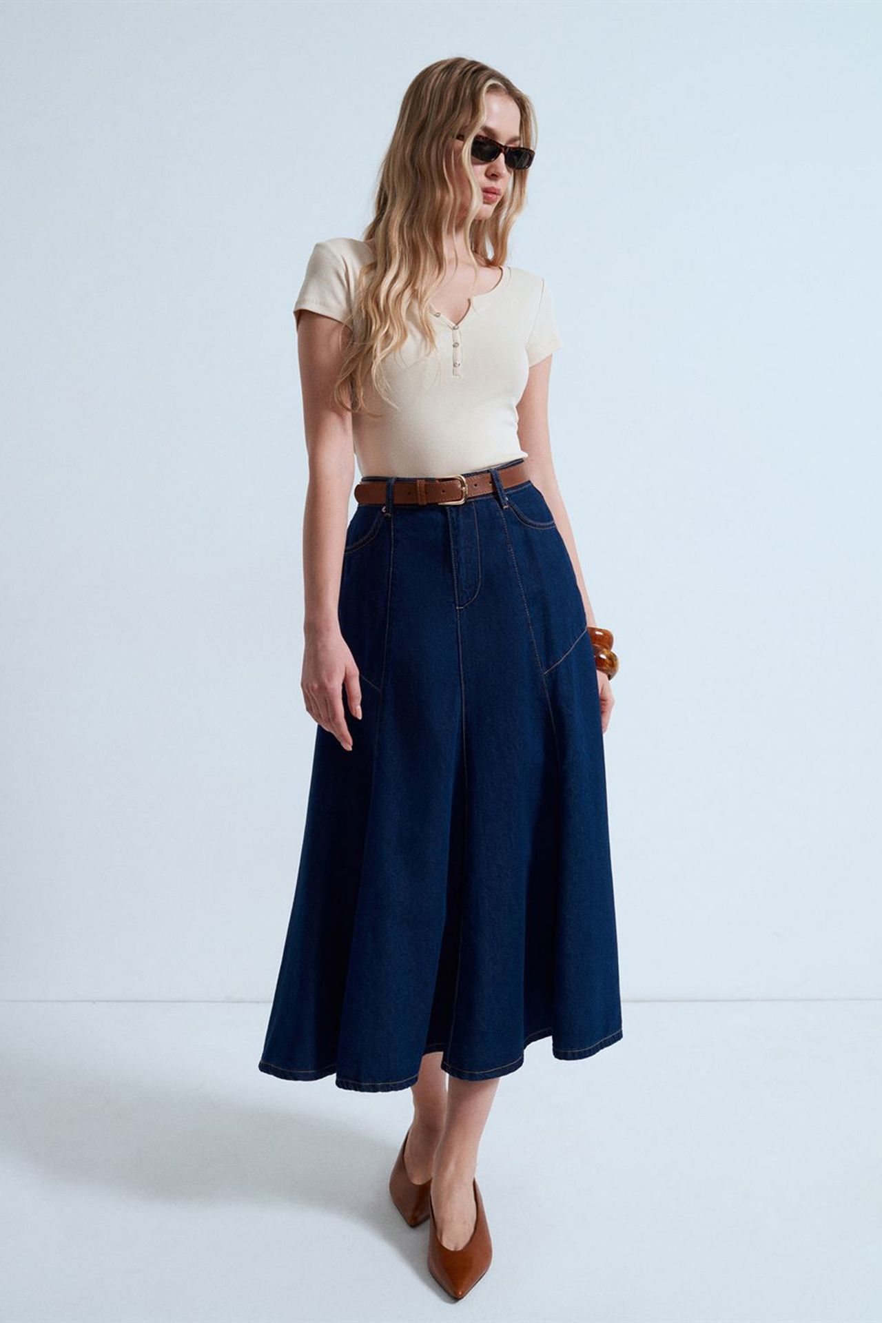 DILVIN High-Waist Midi A-Line Denim Skirt 4