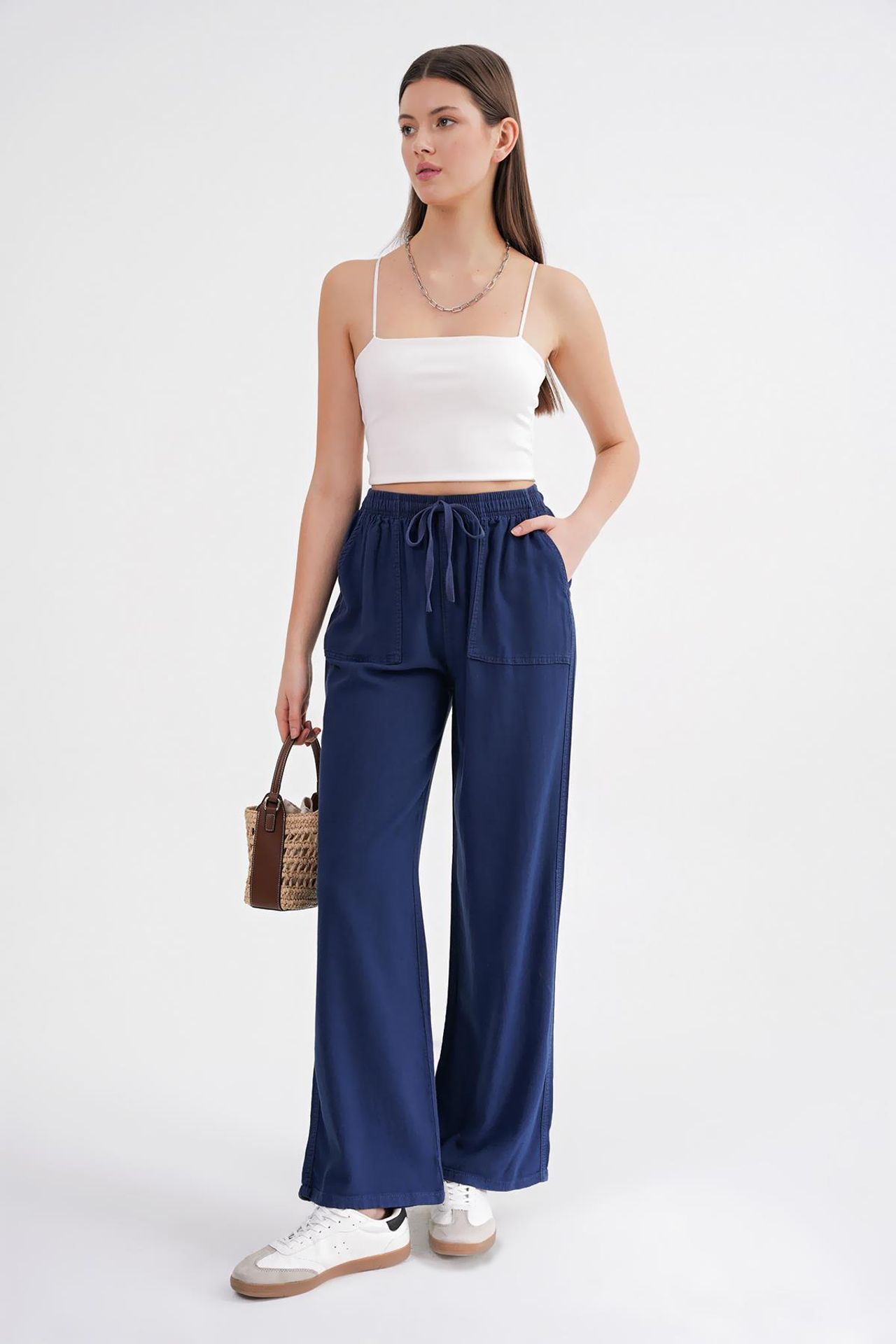 MIXRAY Mid Waist Straight Leg Cotton Pants with Tie Closure 2