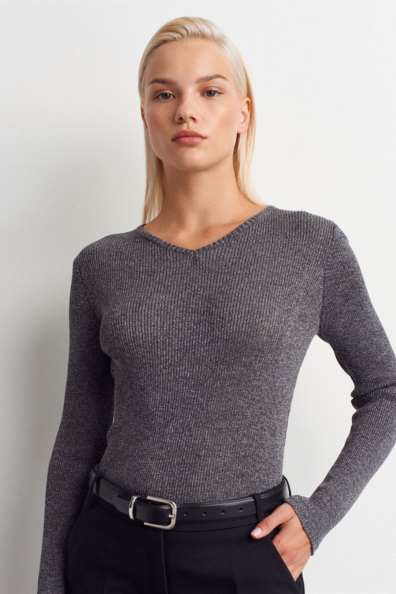 DILVIN Kadın Slim Fit V Yaka Fitilli Kazak 3