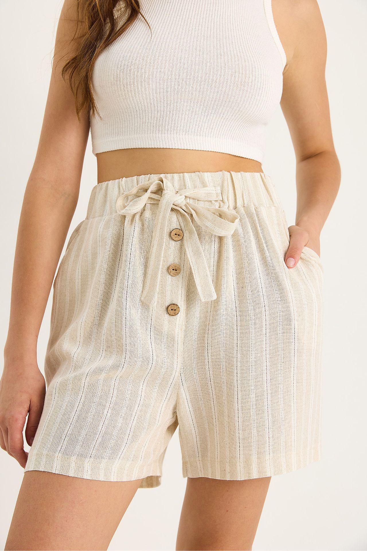 LUCCI High Waist Striped Cotton Shorts with Drawstring