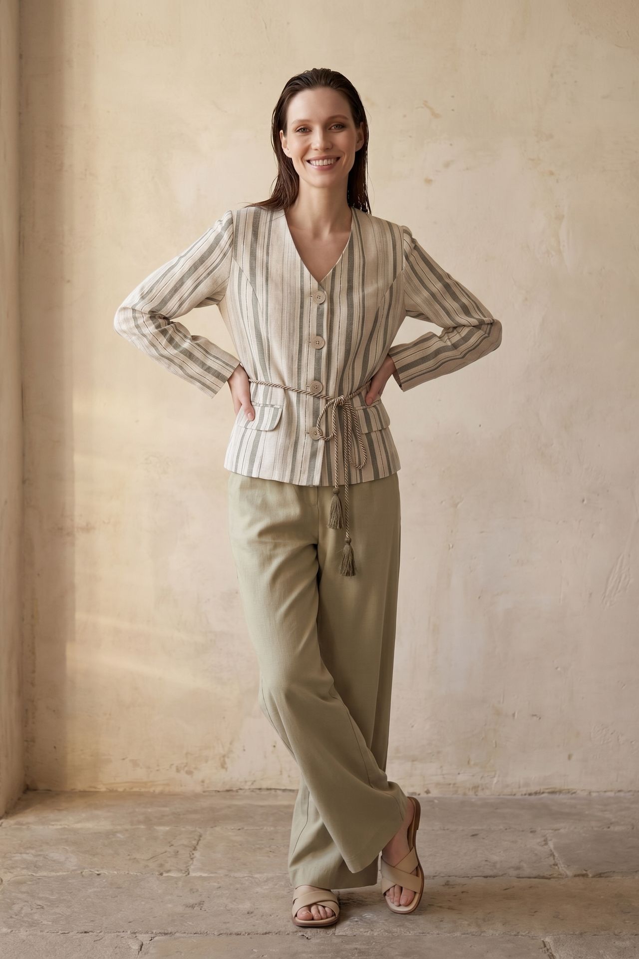 MY FASHION Striped belted poplin jacket 1