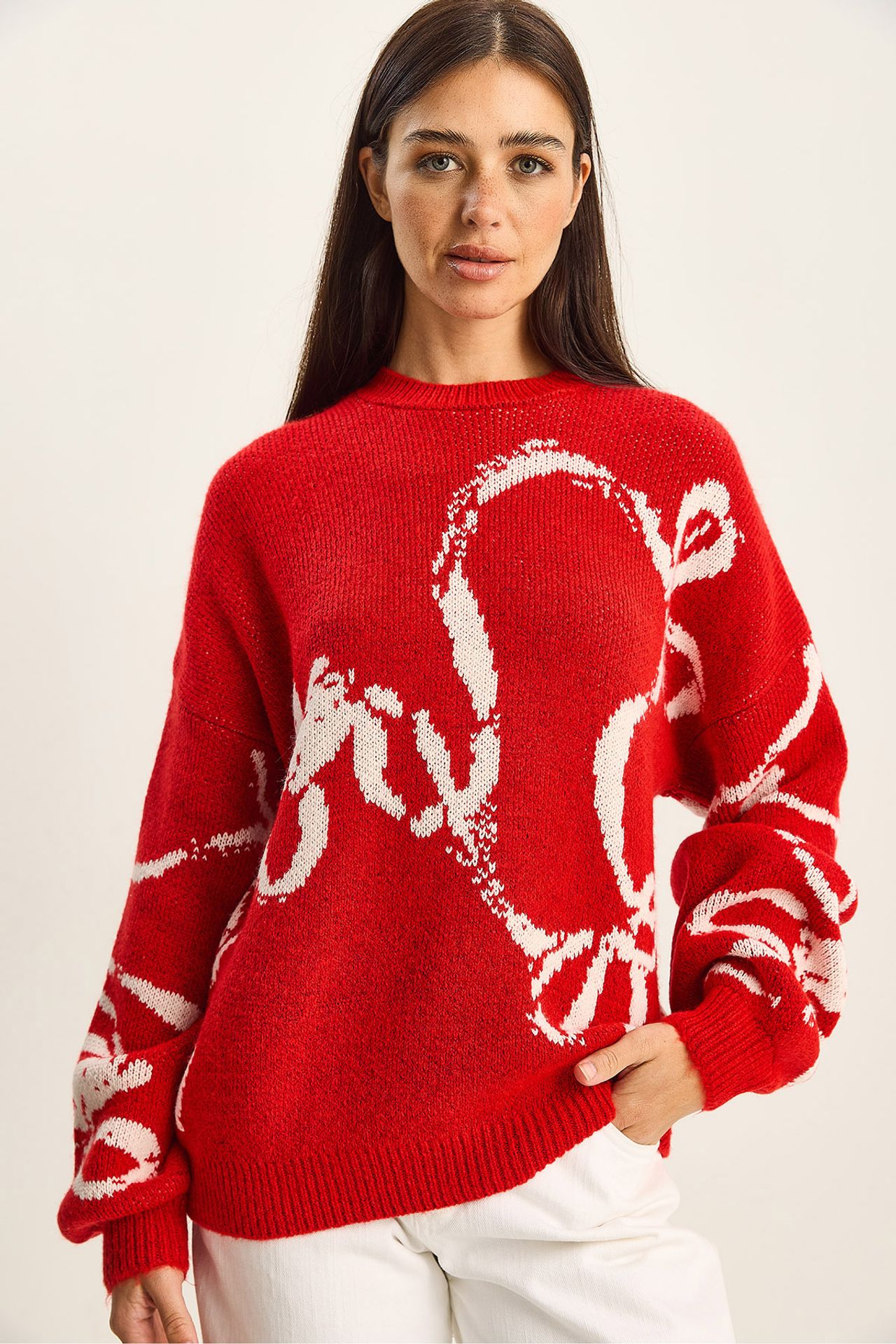 LUCCI Oversized Crew Neck Printed Knit Sweater 4