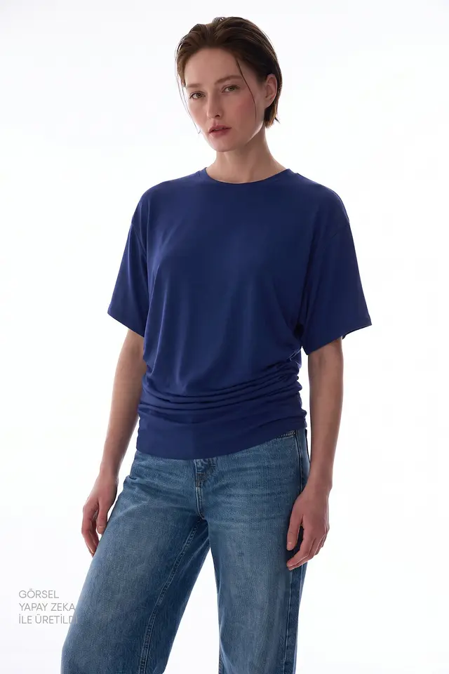 PENTI Women's Modal Waist Detail Textured T-Shirt With Gathers