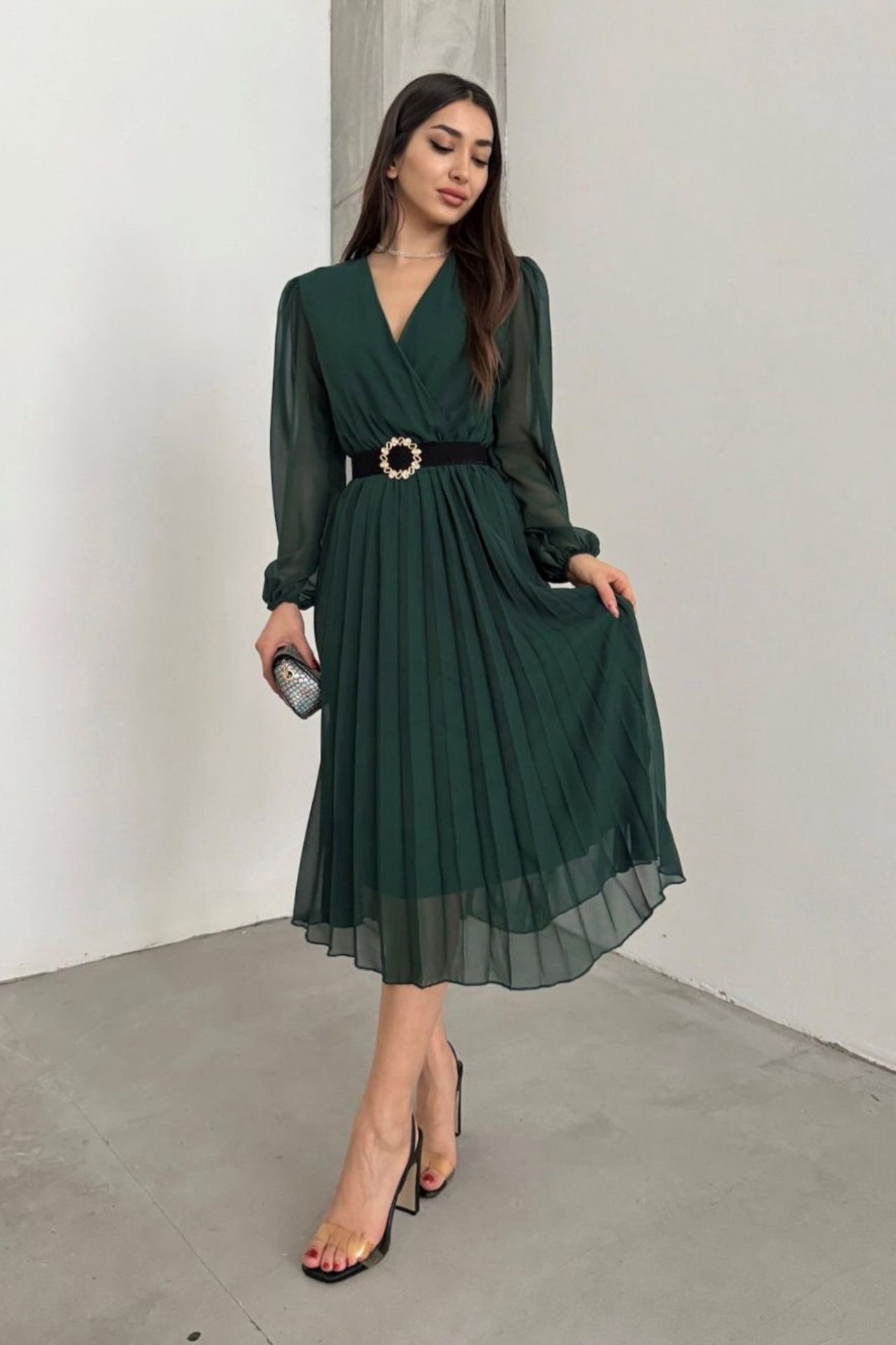 JANES Belted V-Neck Chiffon Midi Dress 1