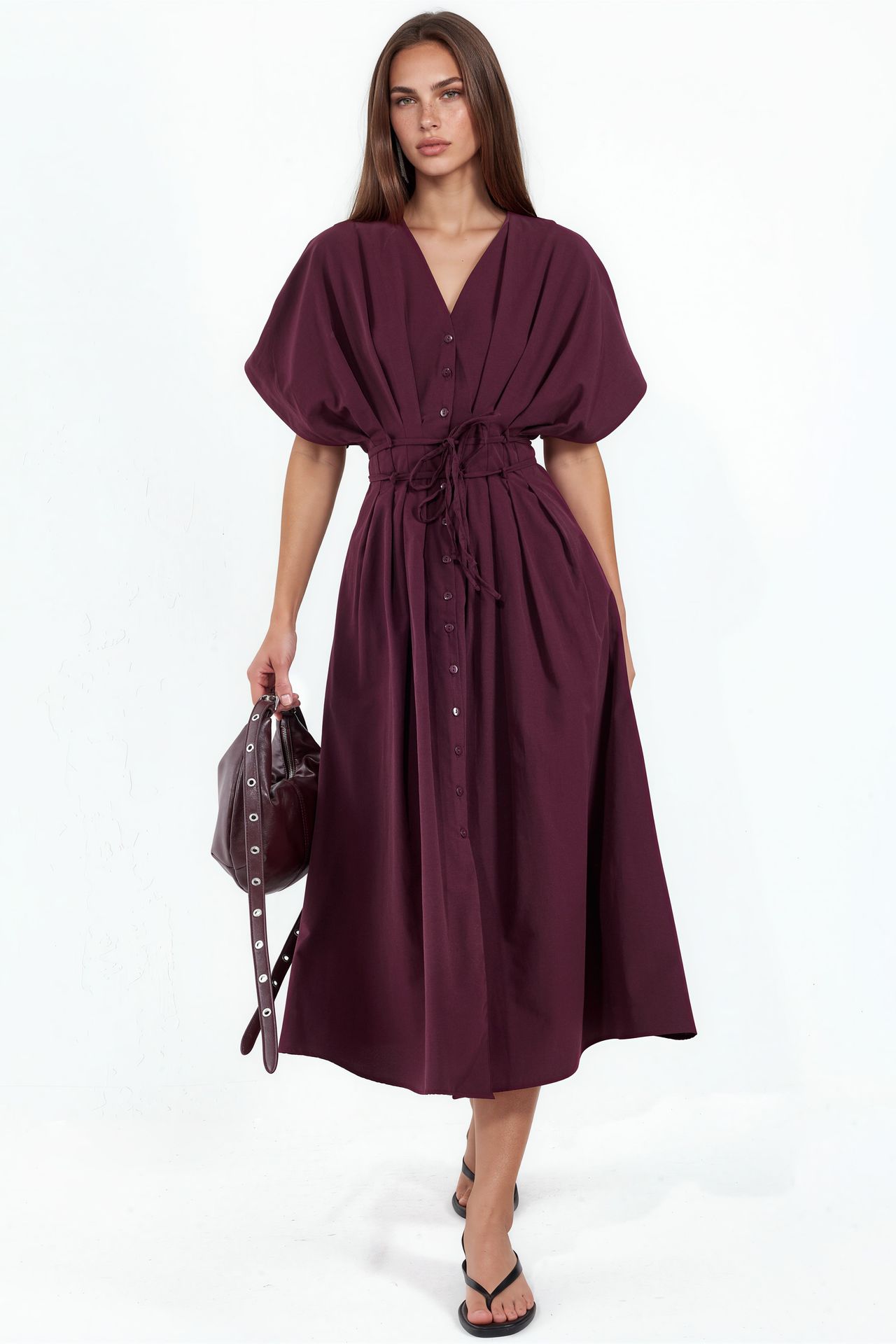 BUSEM Casual V-Neck Midi Shirt Dress 1