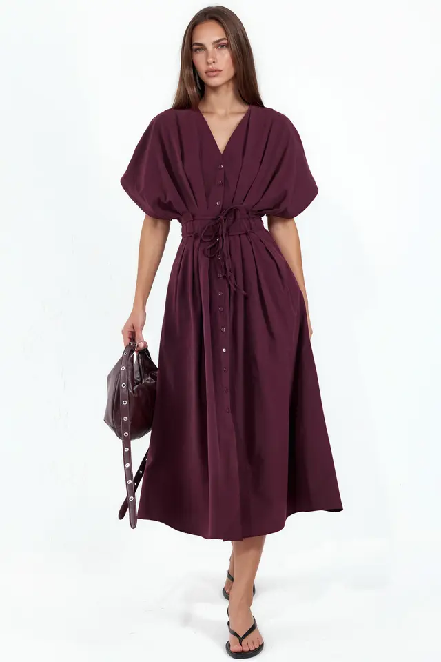 BUSEM Casual V-Neck Midi Shirt Dress