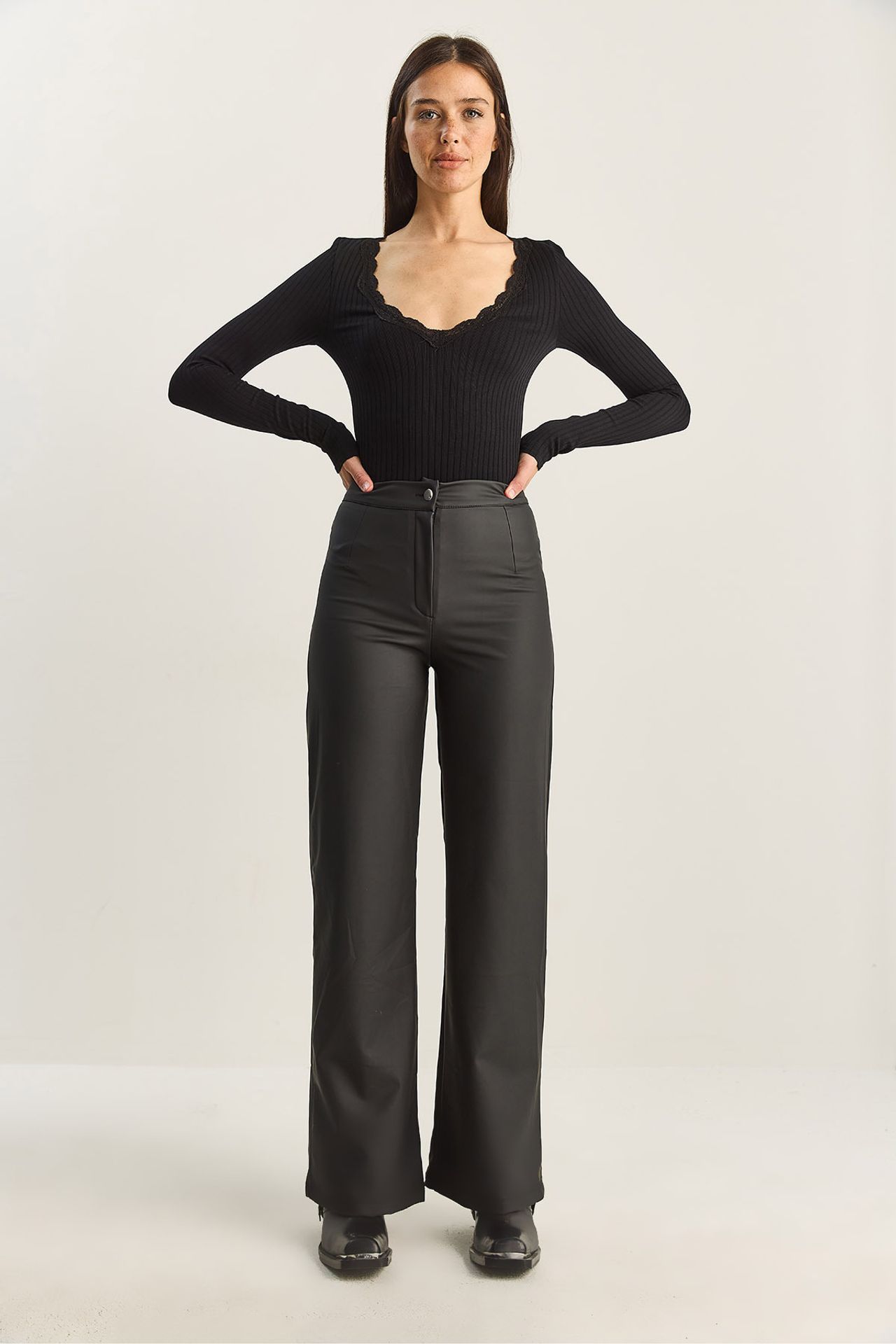 LUCCI High Waist Wide Leg Faux Leather Pants 2