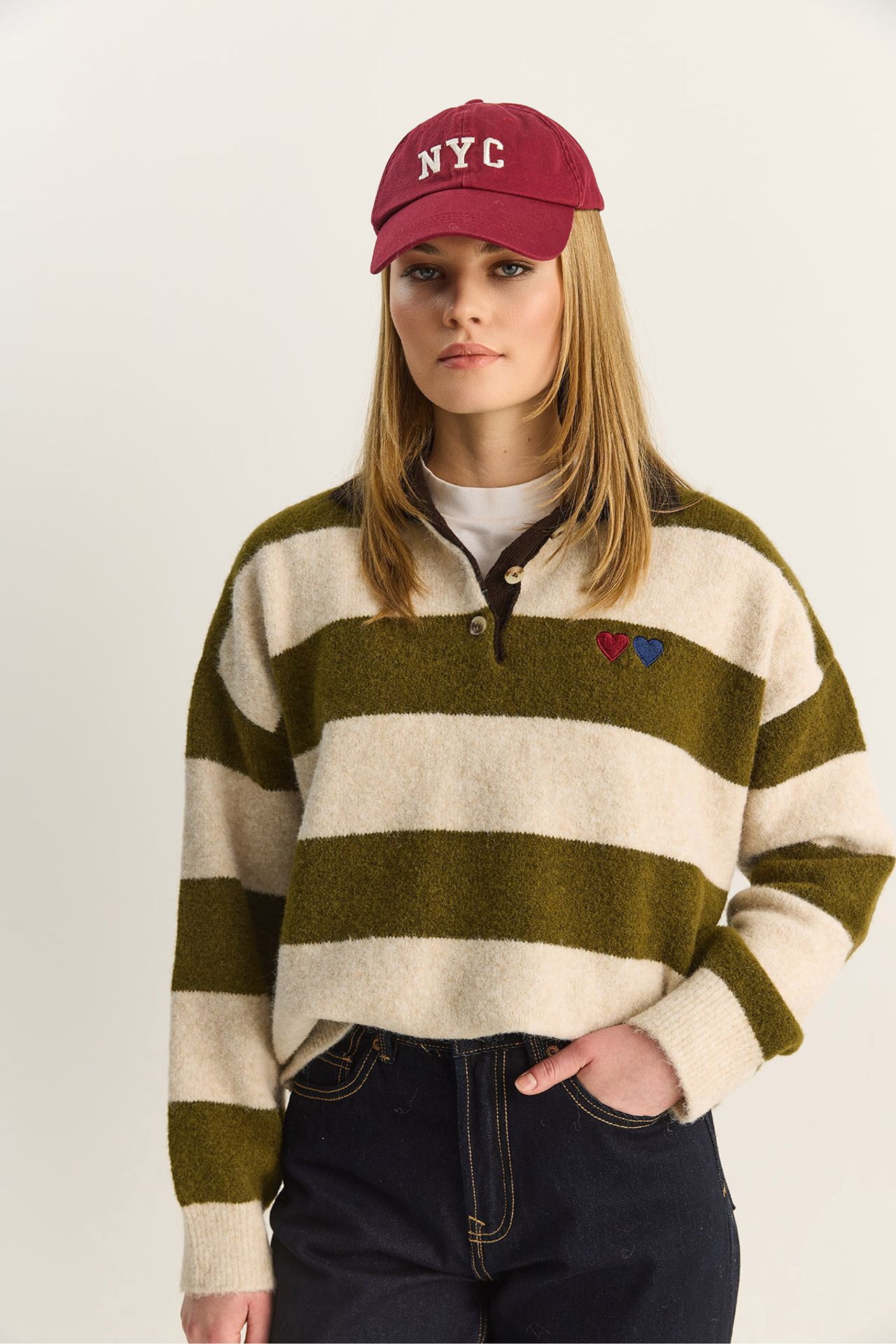 LUCCI Oversized Striped Polo Collar Sweater with Embroidery 4