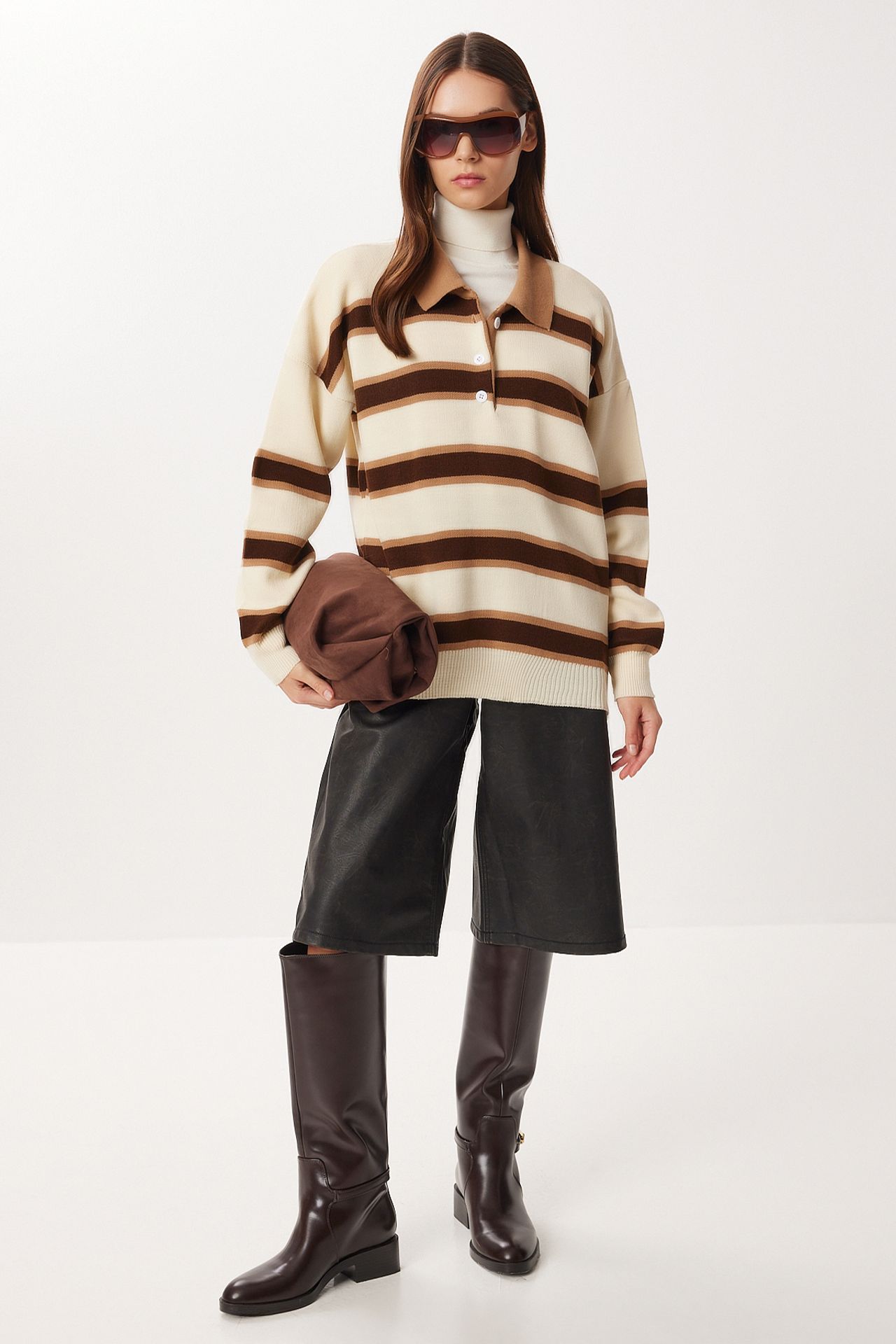 ISTANBUL Ribbed Striped Polo Collar Sweater 1