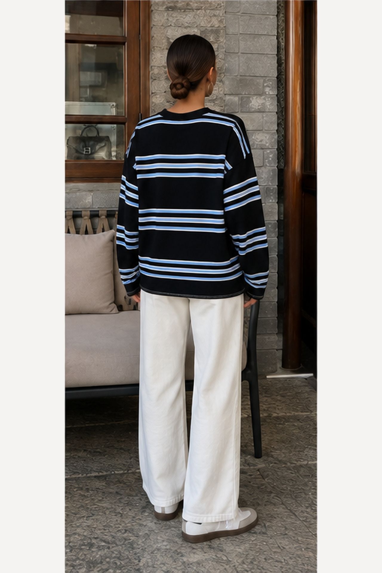 BIPANTOLON Kadın Oversize Çizgili Bisiklet Yaka Sweatshirt 5