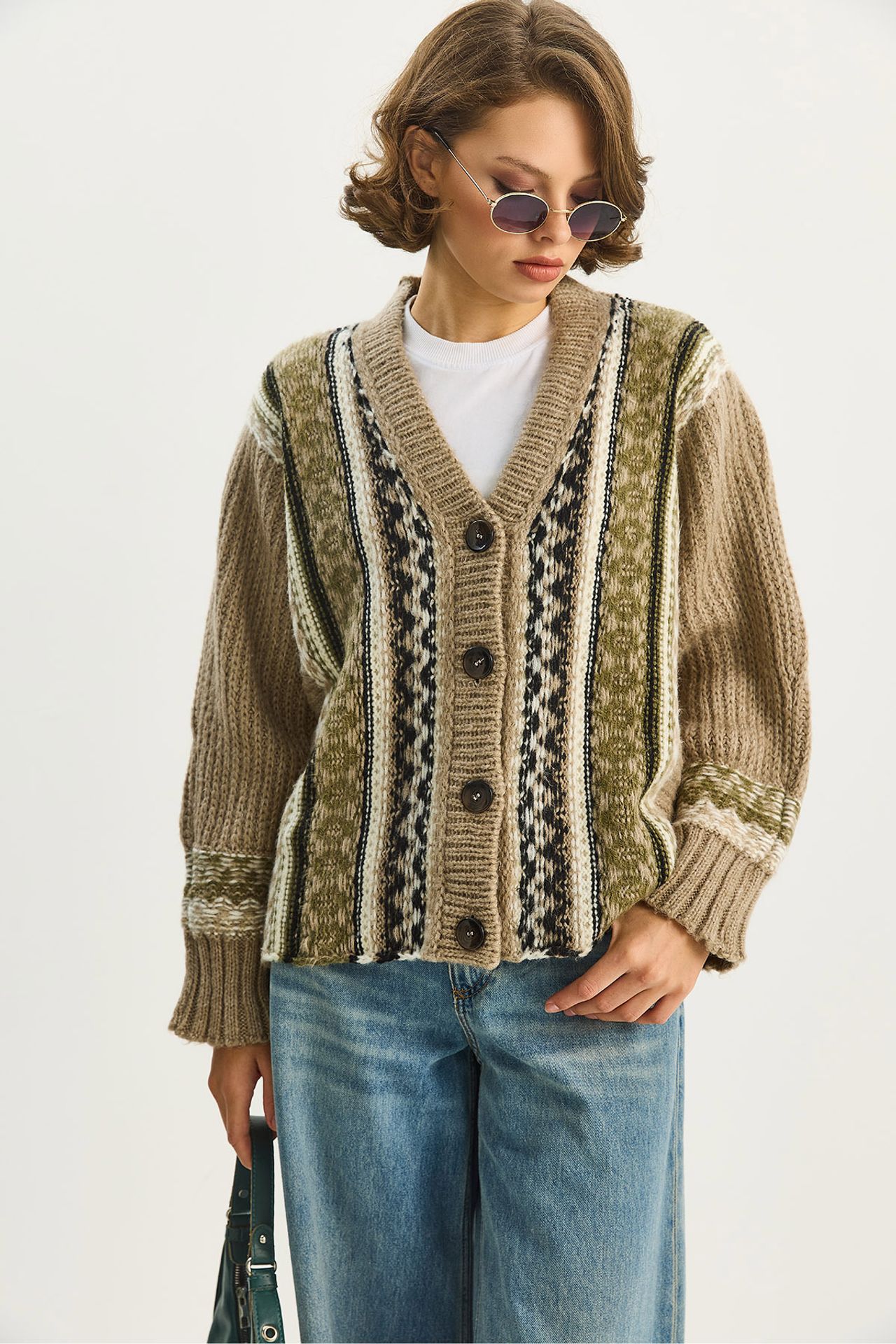 LUCCI Ethnic Print V-Neck Long Sleeve Button Closure Cardigan 3