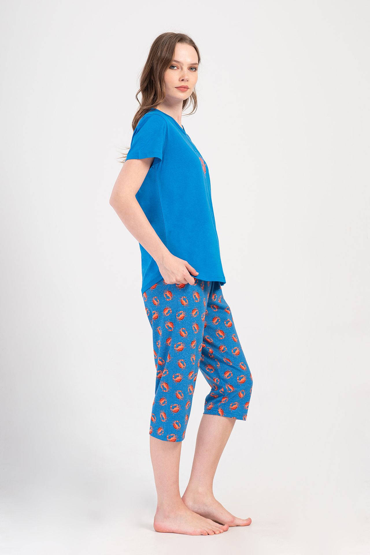 YAKE Bisiklet Yaka Capri Pijama Alt Üst Takım 3