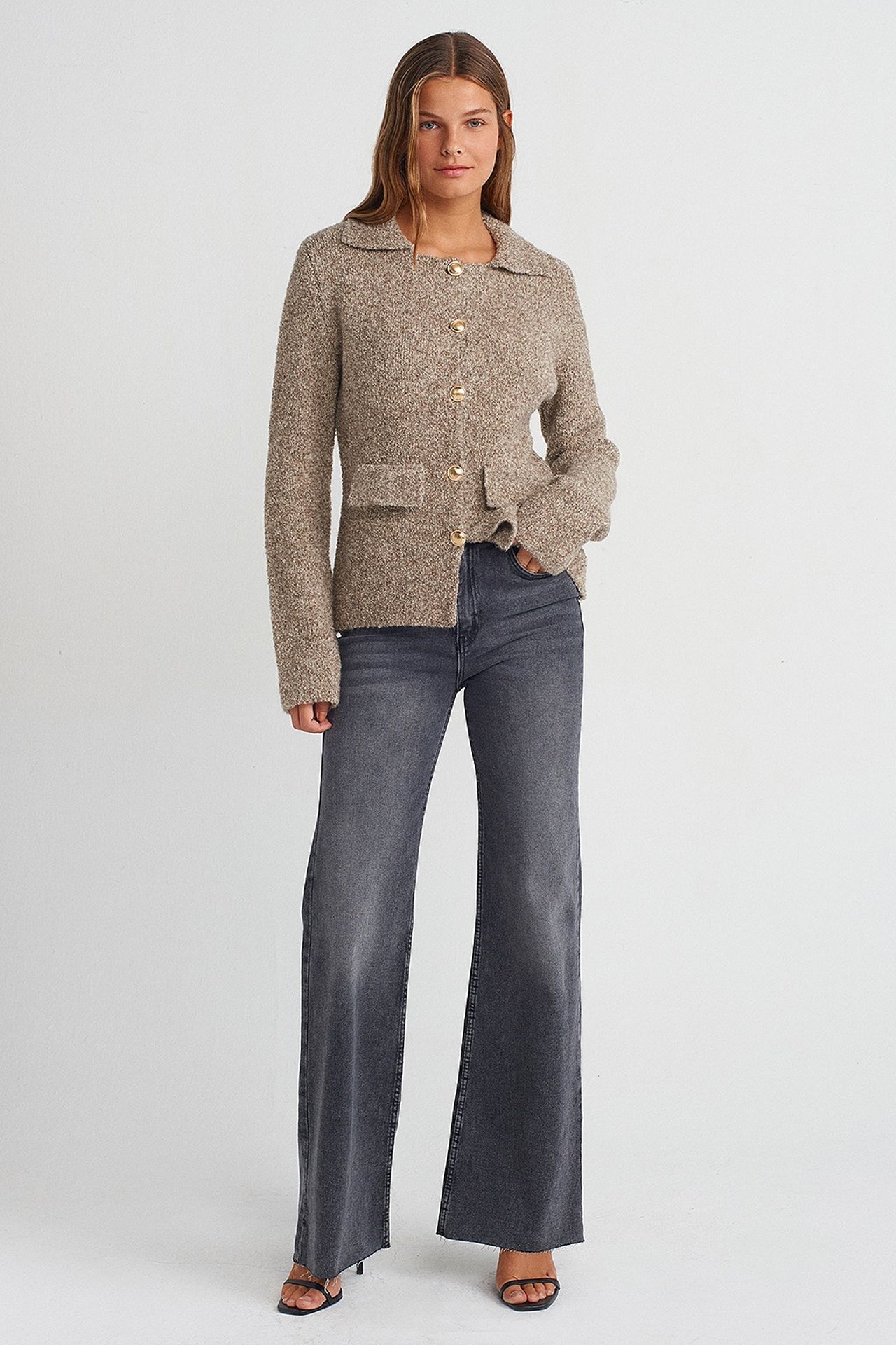DILVIN Women's Textured Polo Collar Cardigan 3