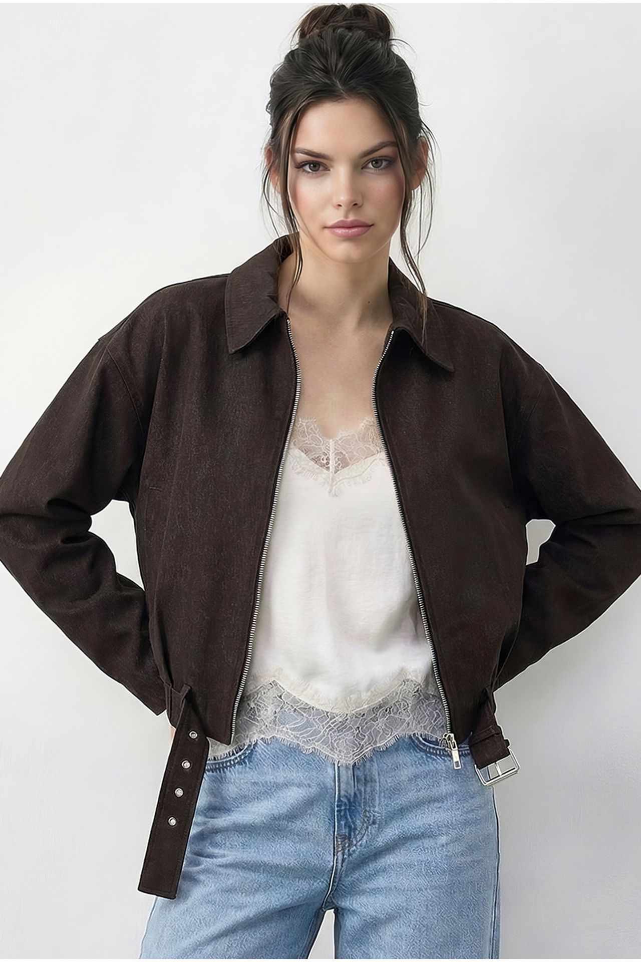 LUCCI Oversized Denim Bomber Jacket with Belt 1