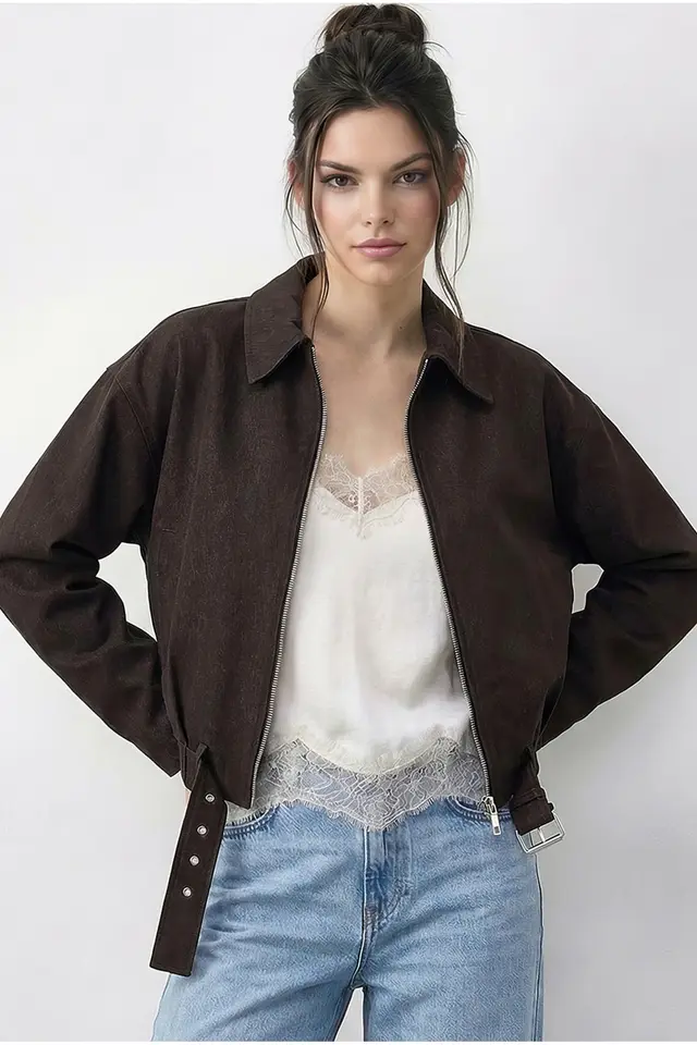 LUCCI Oversized Denim Bomber Jacket with Belt