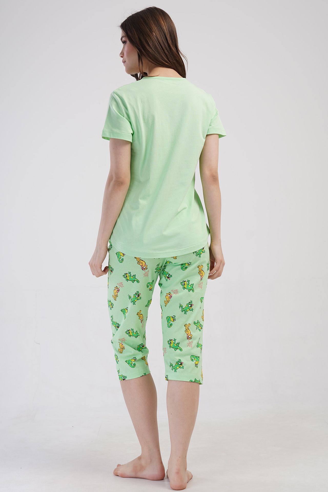 YAKE Baskılı Bisiklet Yaka 2 Parçalı Pijama Takımı 4